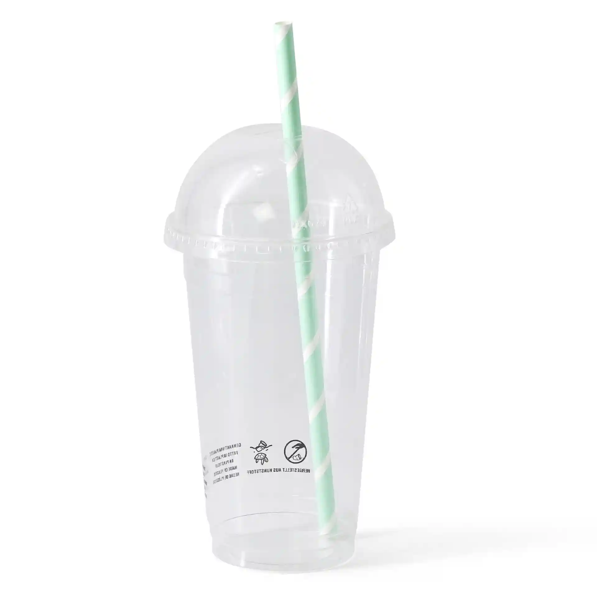 Heldere plastic beker met een dome deksel en een groen gestreepte rietje, diameter 95 mm aan de bovenkant.