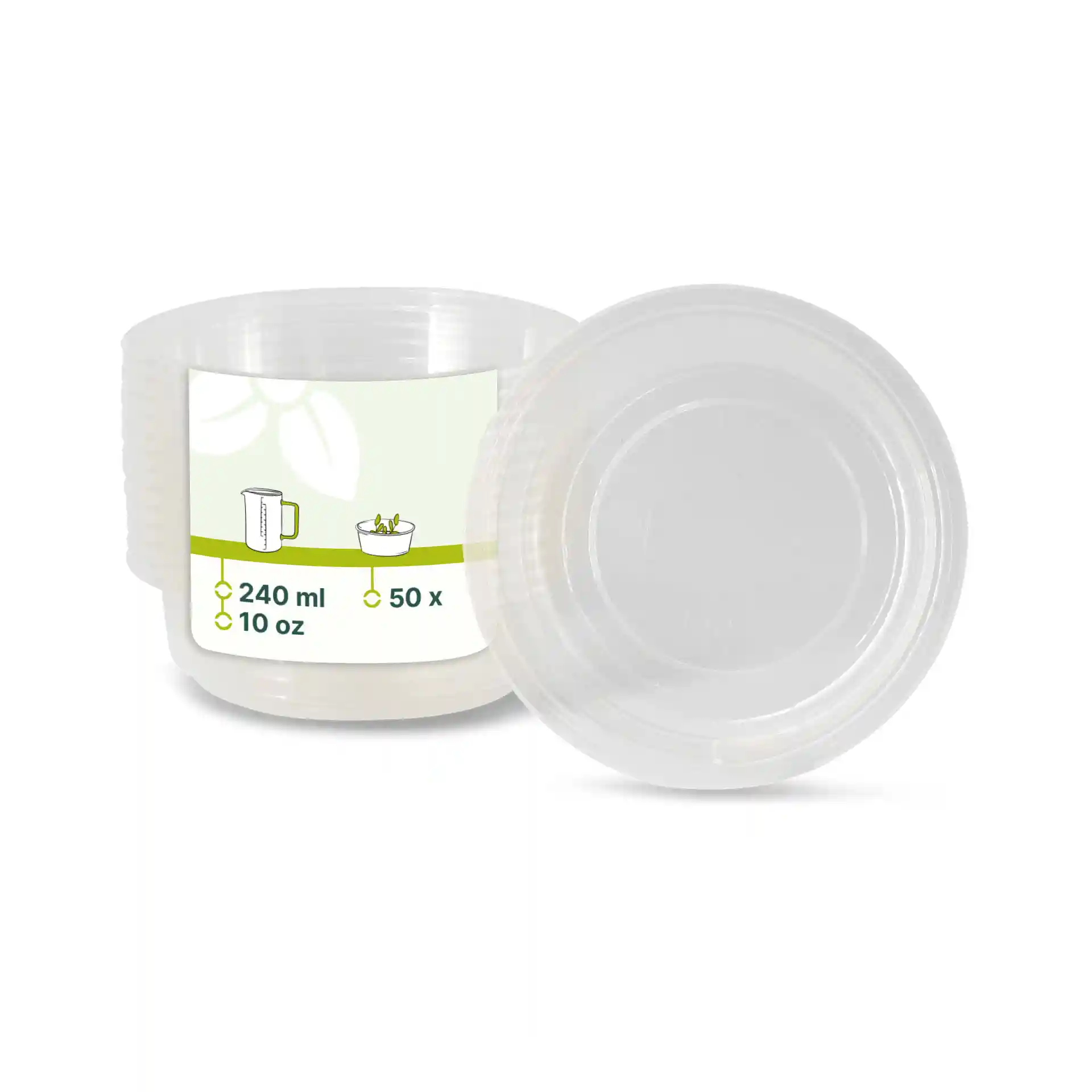 Transparante ronde deli-container van 240 ml, toont het deksel en een label met illustraties.