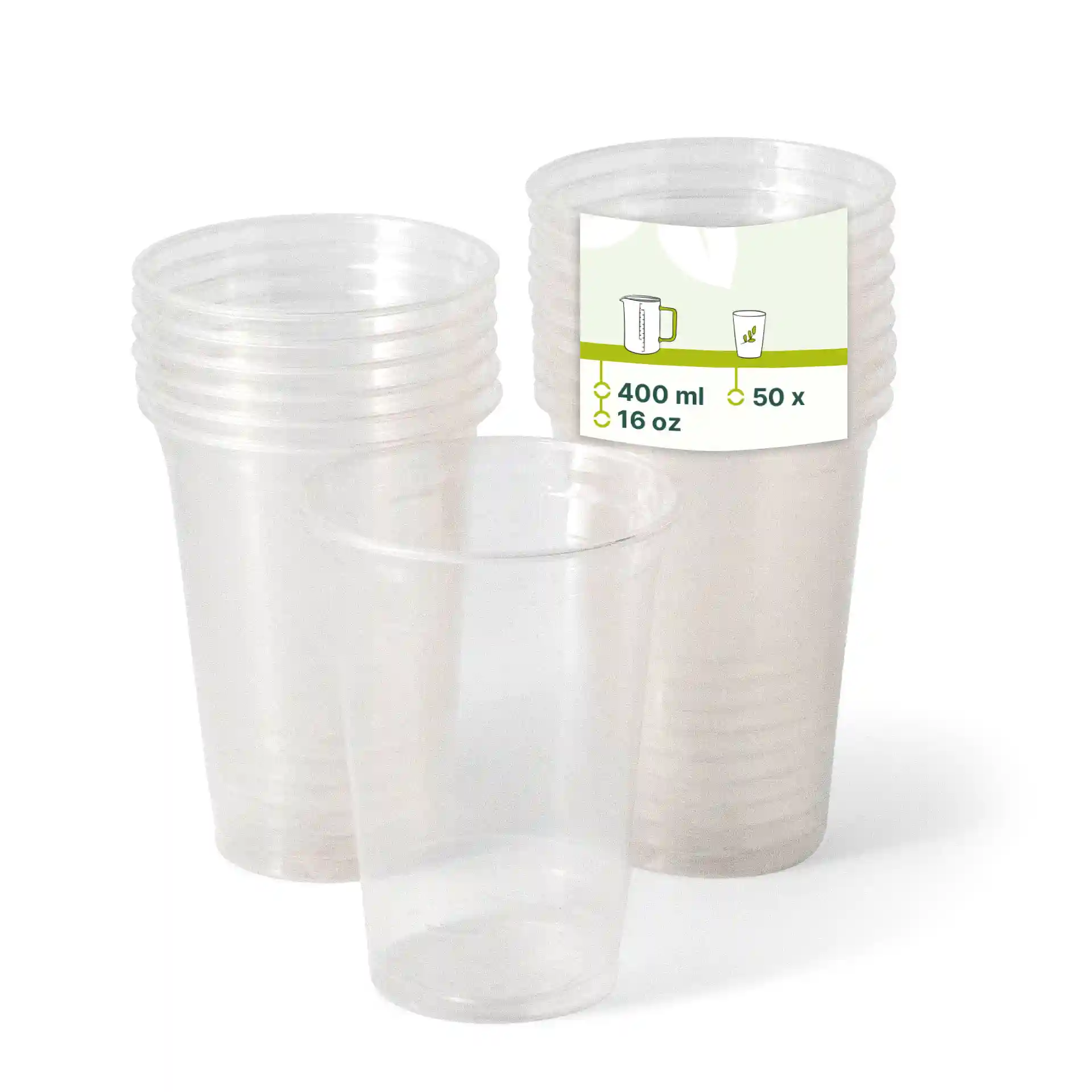 Transparante plastic bekers gestapeld, met één beker vooraan en een label dat 400 ml capaciteit en 50 stuks toont.