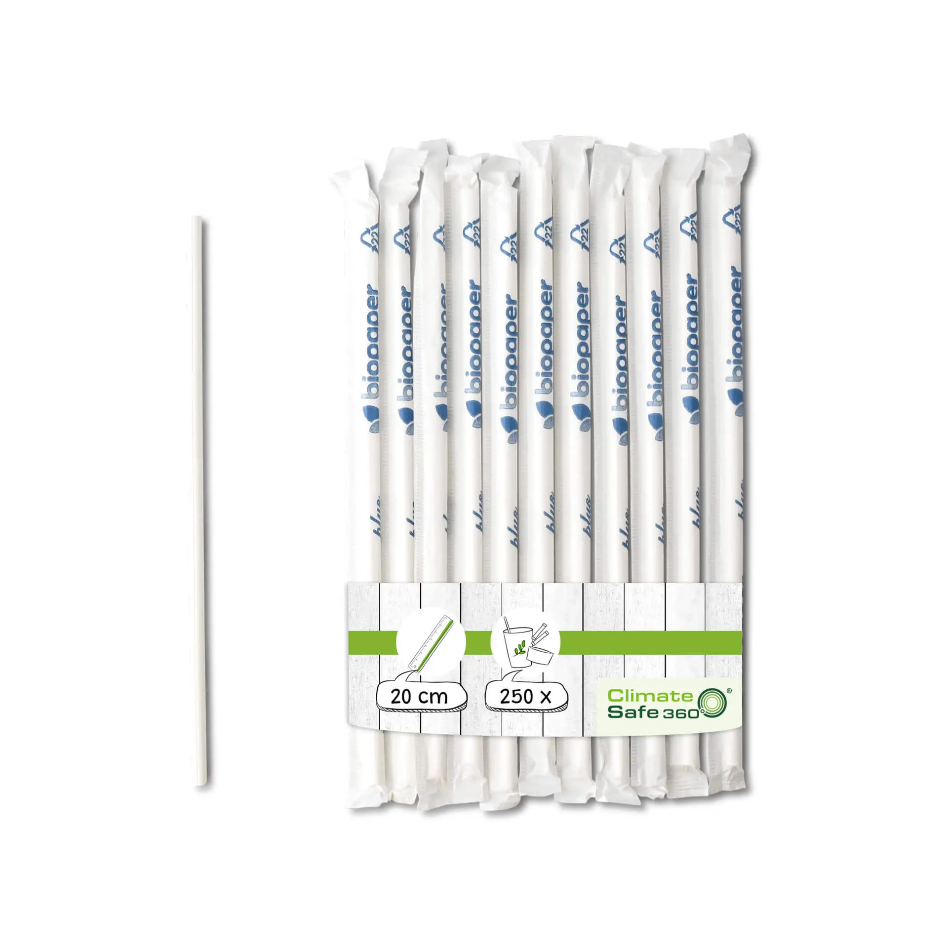Papieren drinkrietjes 20 cm, Ø 0,5 cm, wit, verticaal gerold, individueel verpakt
