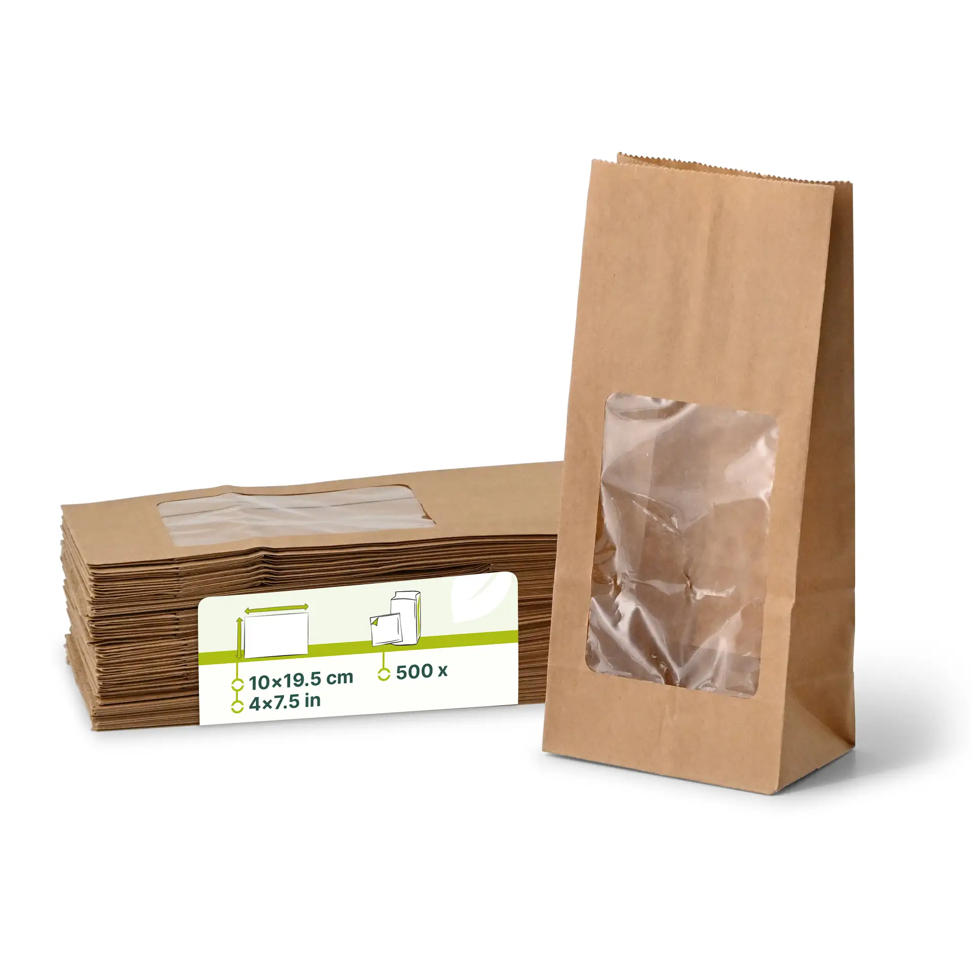 Blokbodemzakken met venster S, 10 x 6 x 19,5 cm, bruin, clipband