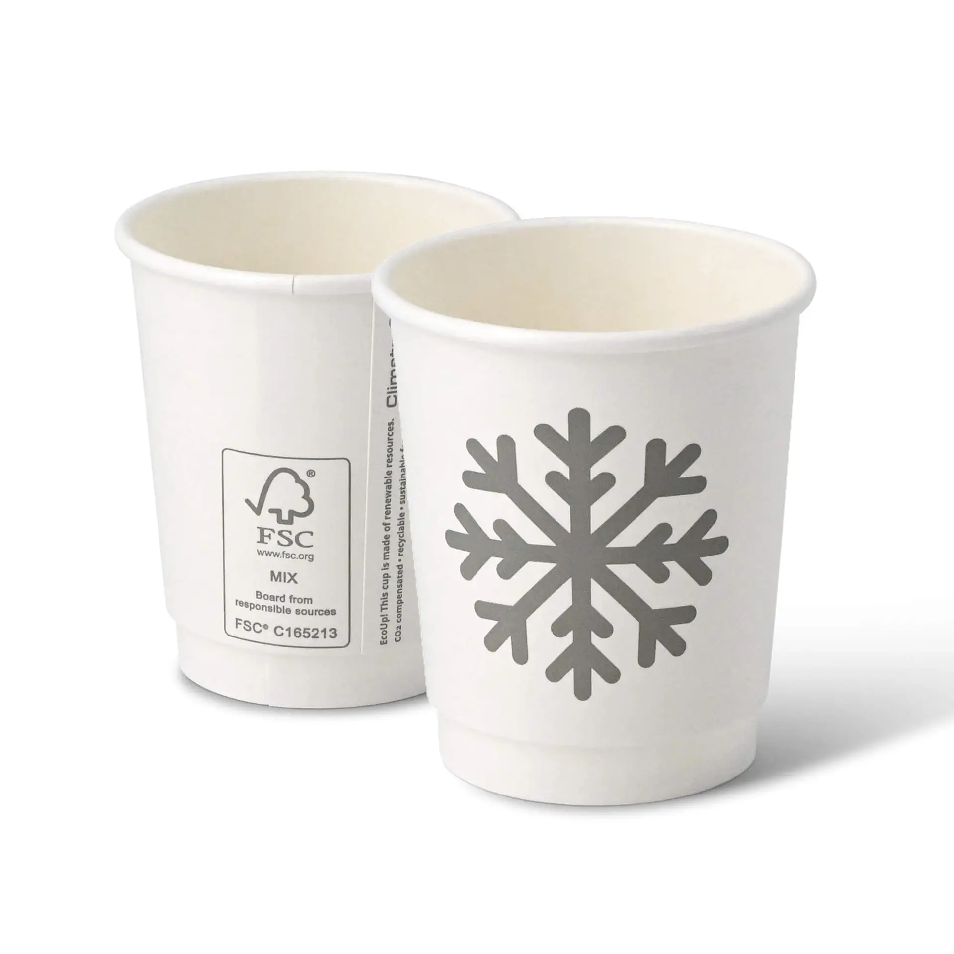 Kartonnen bekers dubbelwandig winter "Sneeuwvlok", 200 ml / 8 oz, Ø 80 mm, wit