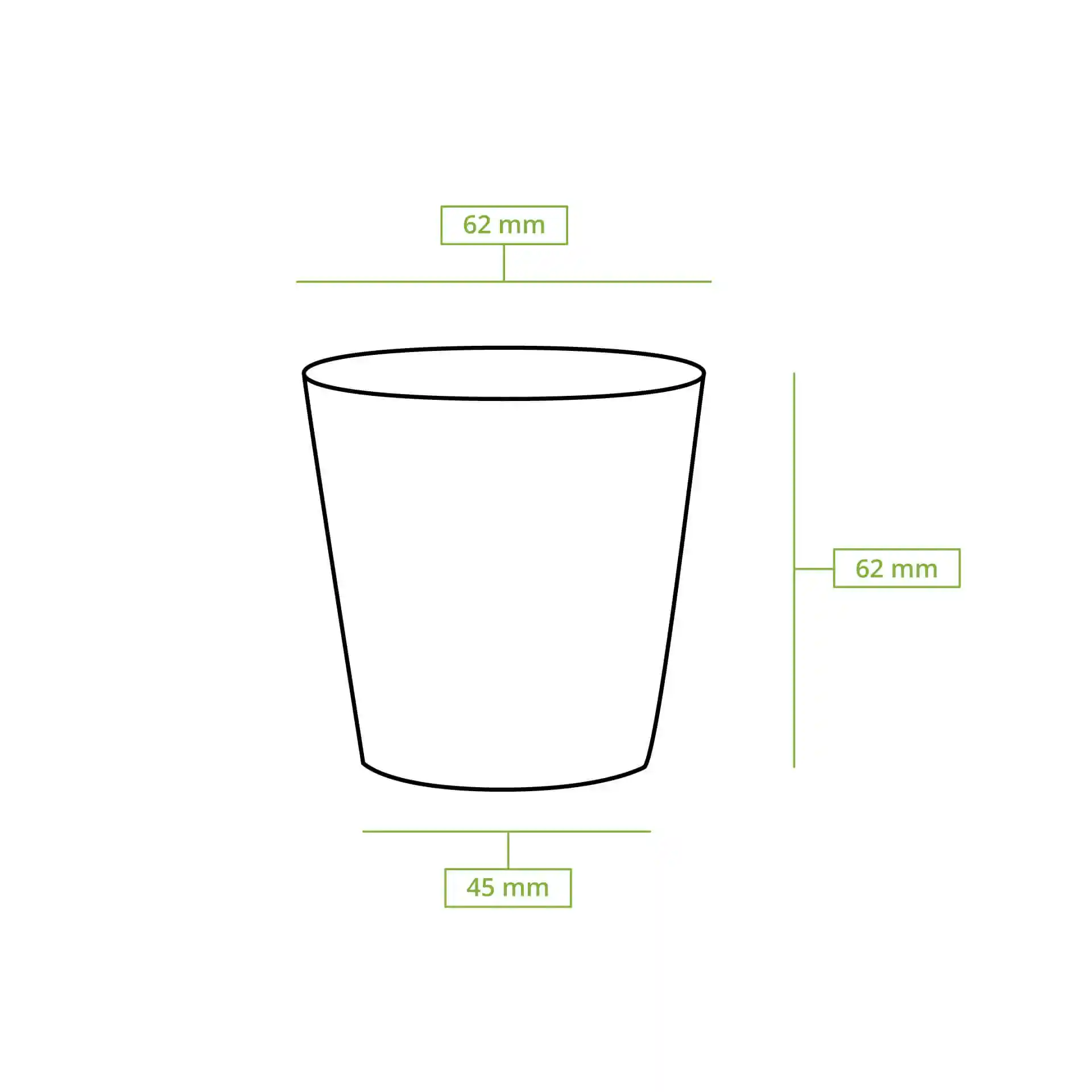 Schematische tekening van een ronde papieren beker met afmetingen: 62 mm bovenkant diameter, 45 mm onderkant diameter en 60 mm hoogte.
