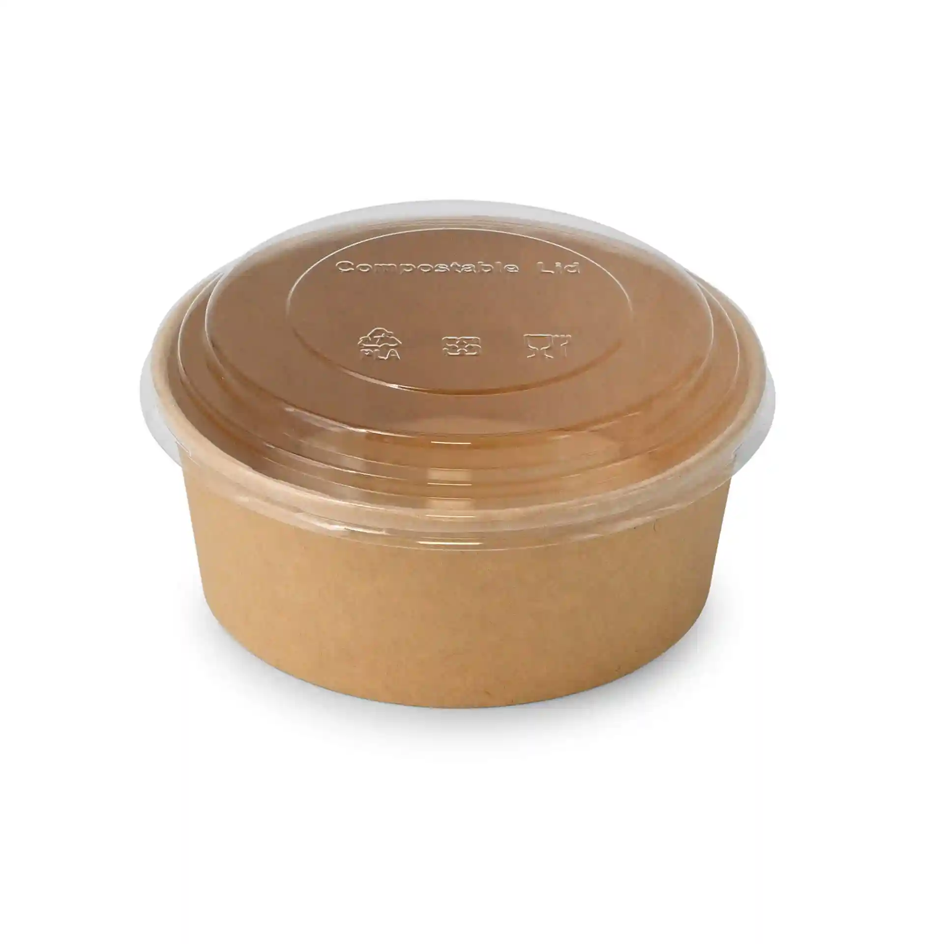 Duidelijke PLA-deksel met een bruine papieren basis, ronde vorm en een hoogte van 20 mm.