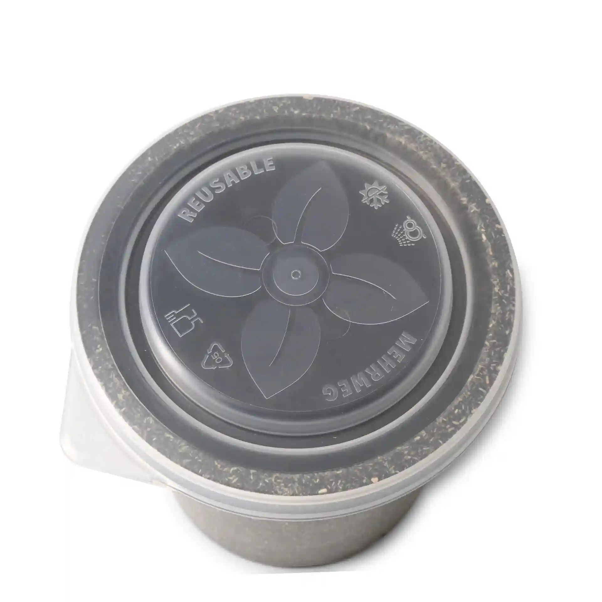 Transparante herbruikbare deksel voor een ronde beker, met een bloemdesign en verschillende symbolen bovenop.