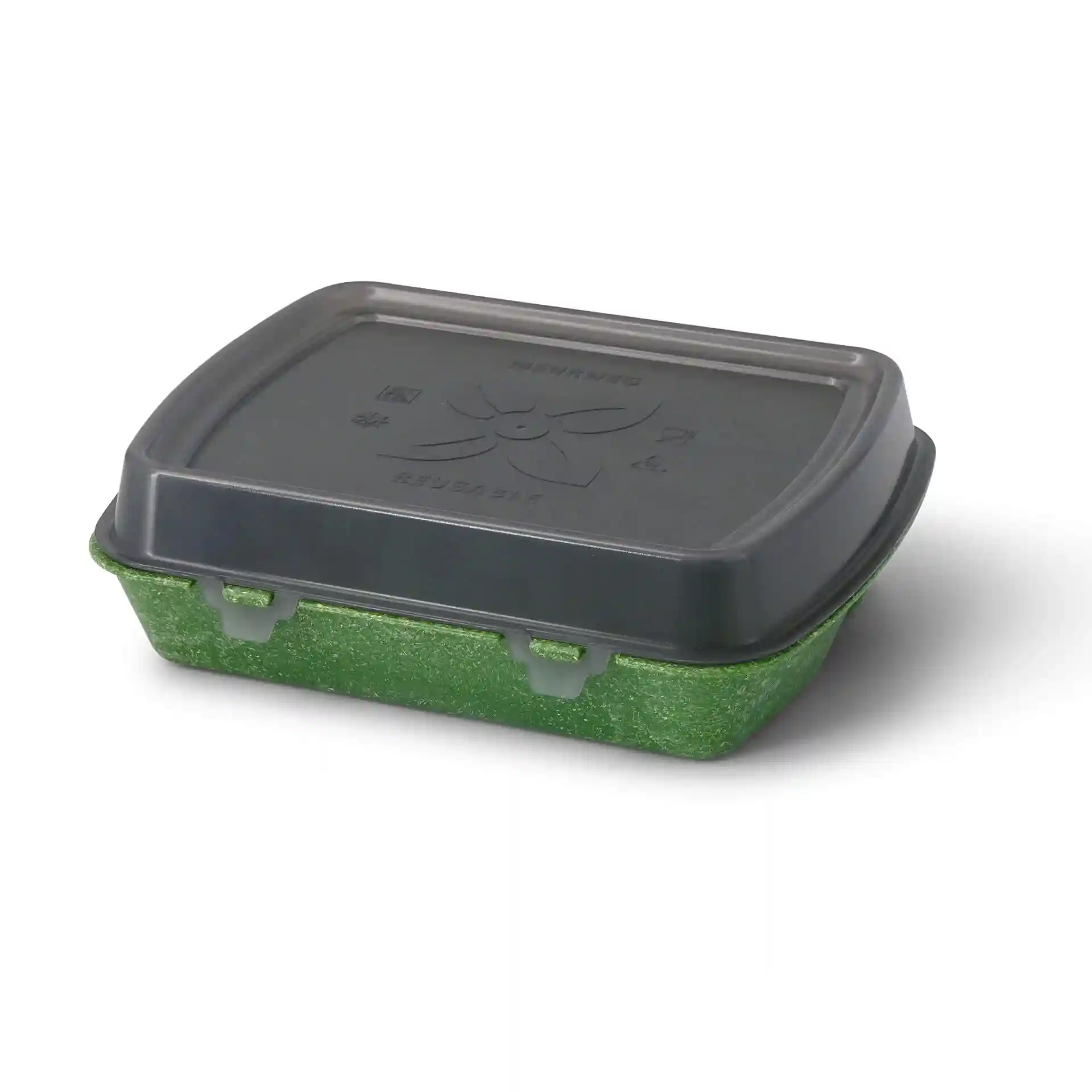 Rechthoekige herbruikbare container met een grijze deksel en een groene basis, 24,5 x 20 x 4,5 cm groot.