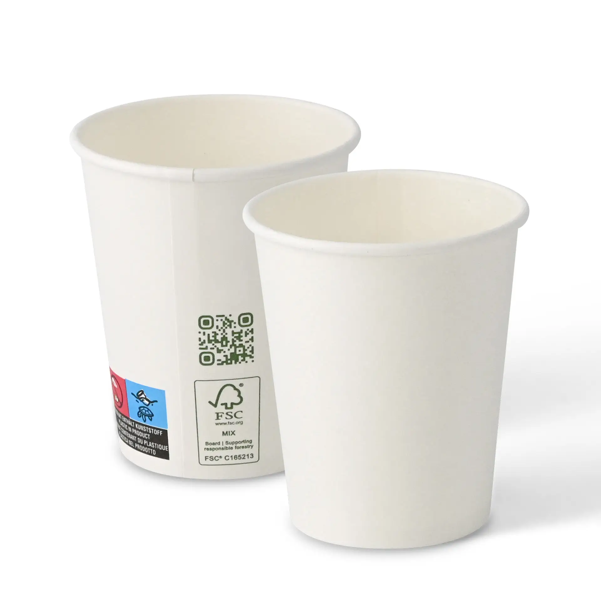 Twee witte papieren bekers, 200 ml capaciteit, met een enkele wand en PLA-coating, zijwaarts op een effen achtergrond weergegeven.