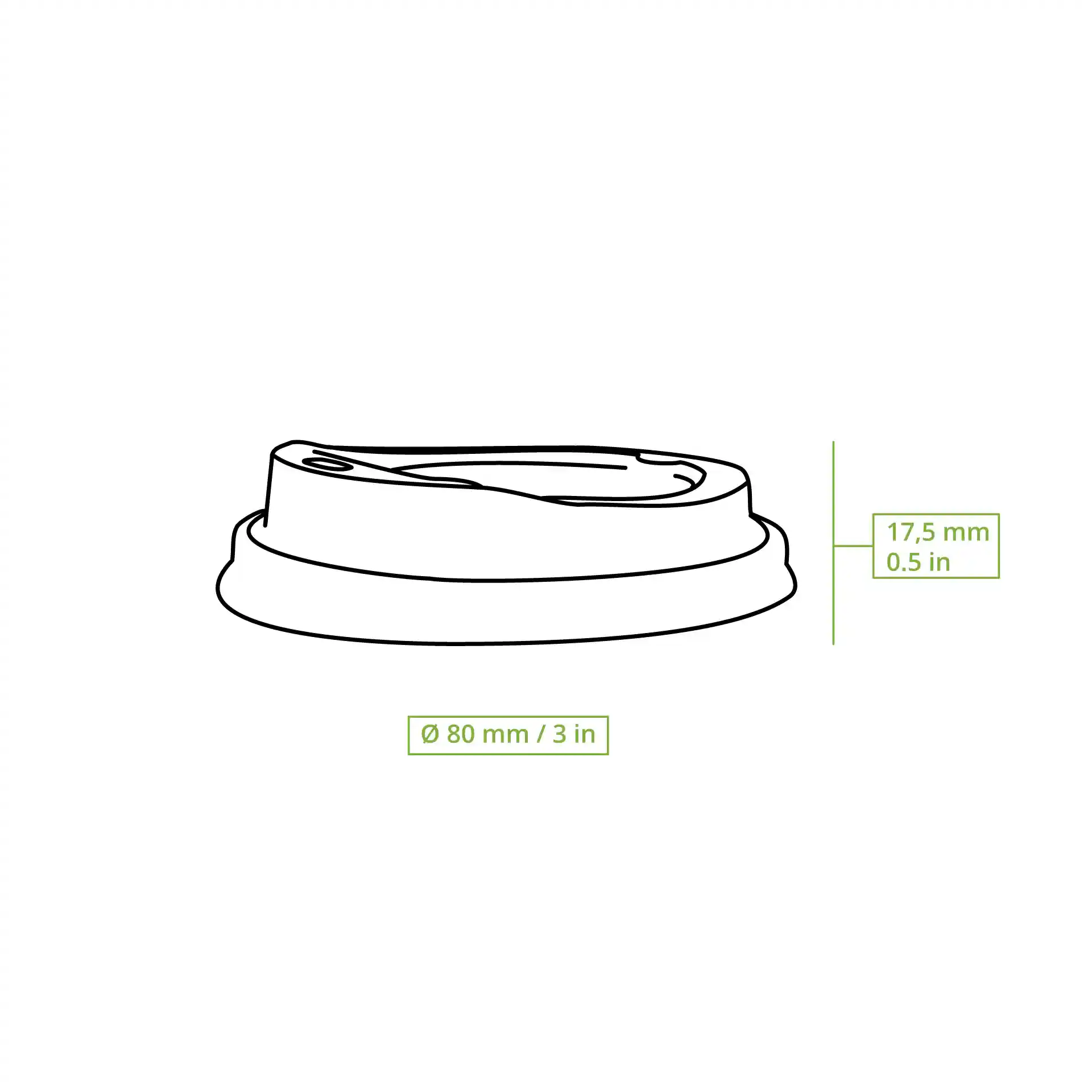 Schematische tekening van een witte PS-deksel met drinkopening, afmetingen 80 mm diameter en 17,5 mm hoogte.