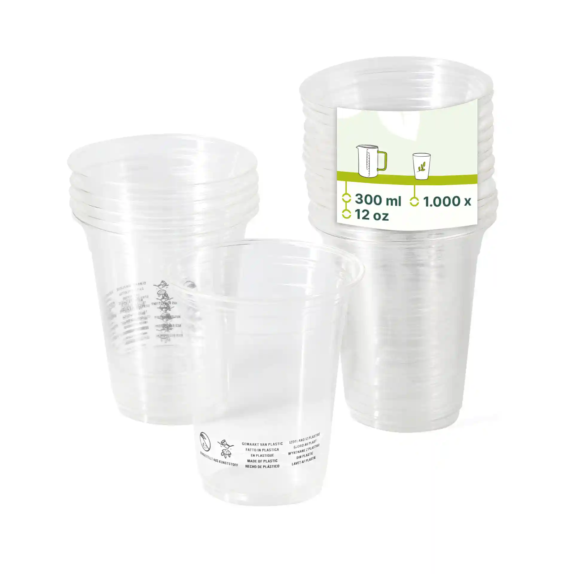 Heldere plastic bekers op elkaar gestapeld, met één beker vooraan, met een label dat 300 ml capaciteit en 12 oz maat aangeeft.