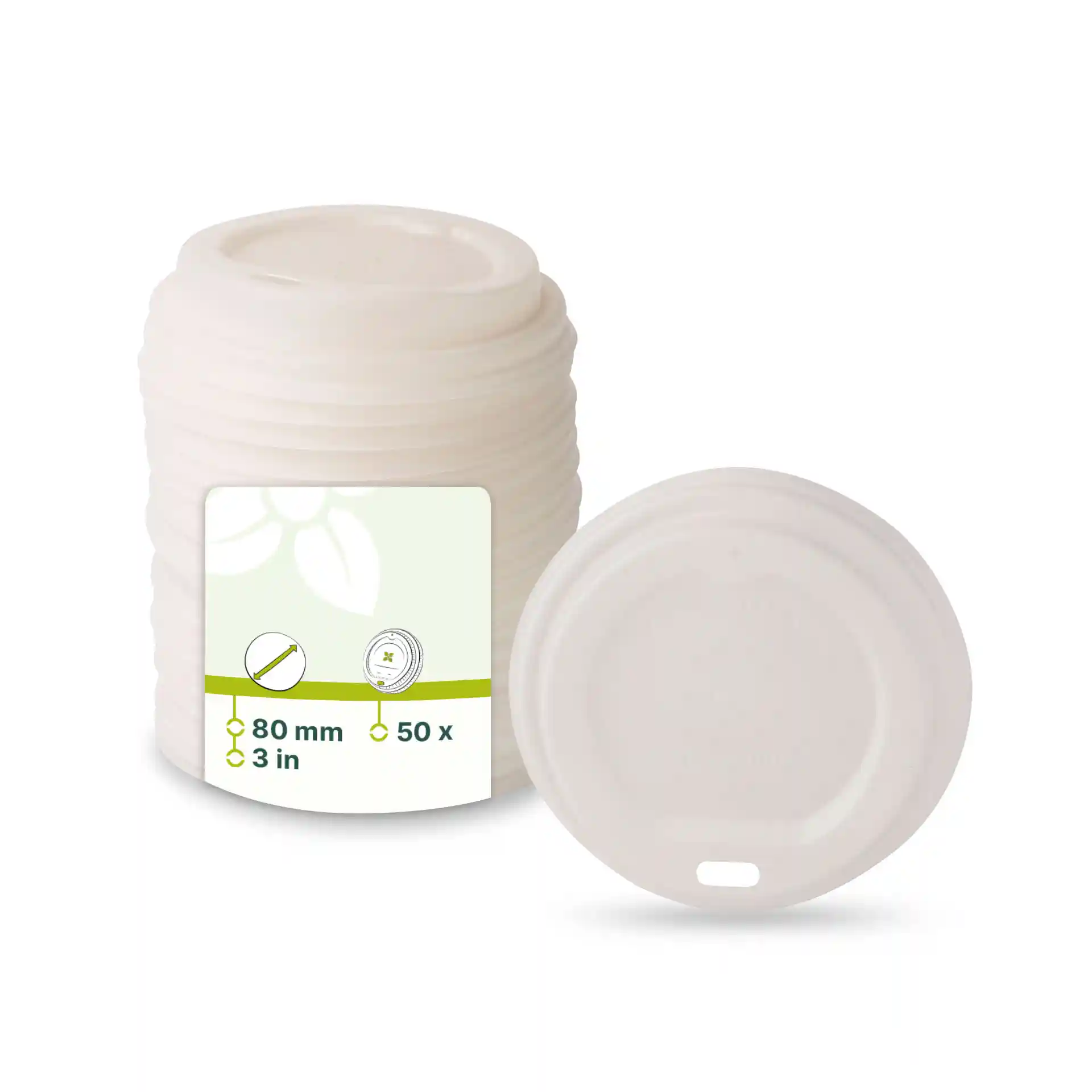 Witte CPLA-deksel met drinkopening, 80 mm diameter, getoond met een stapel soortgelijke deksels.