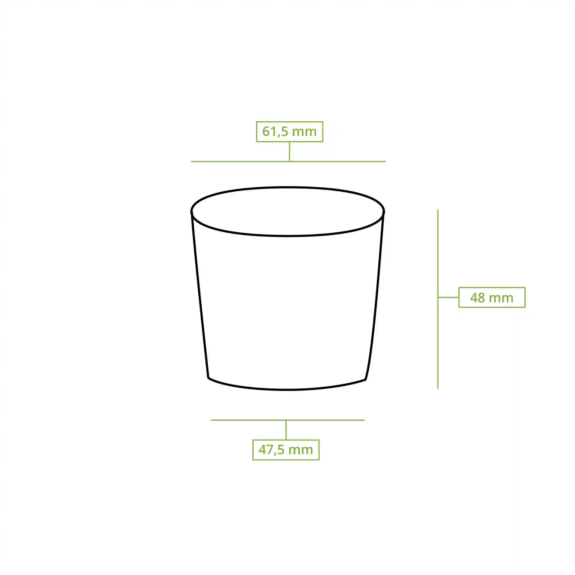 Schematische tekening van een ronde deli-container met afmetingen: hoogte 48 mm, bovenste diameter 62 mm, onderste diameter 47 mm.