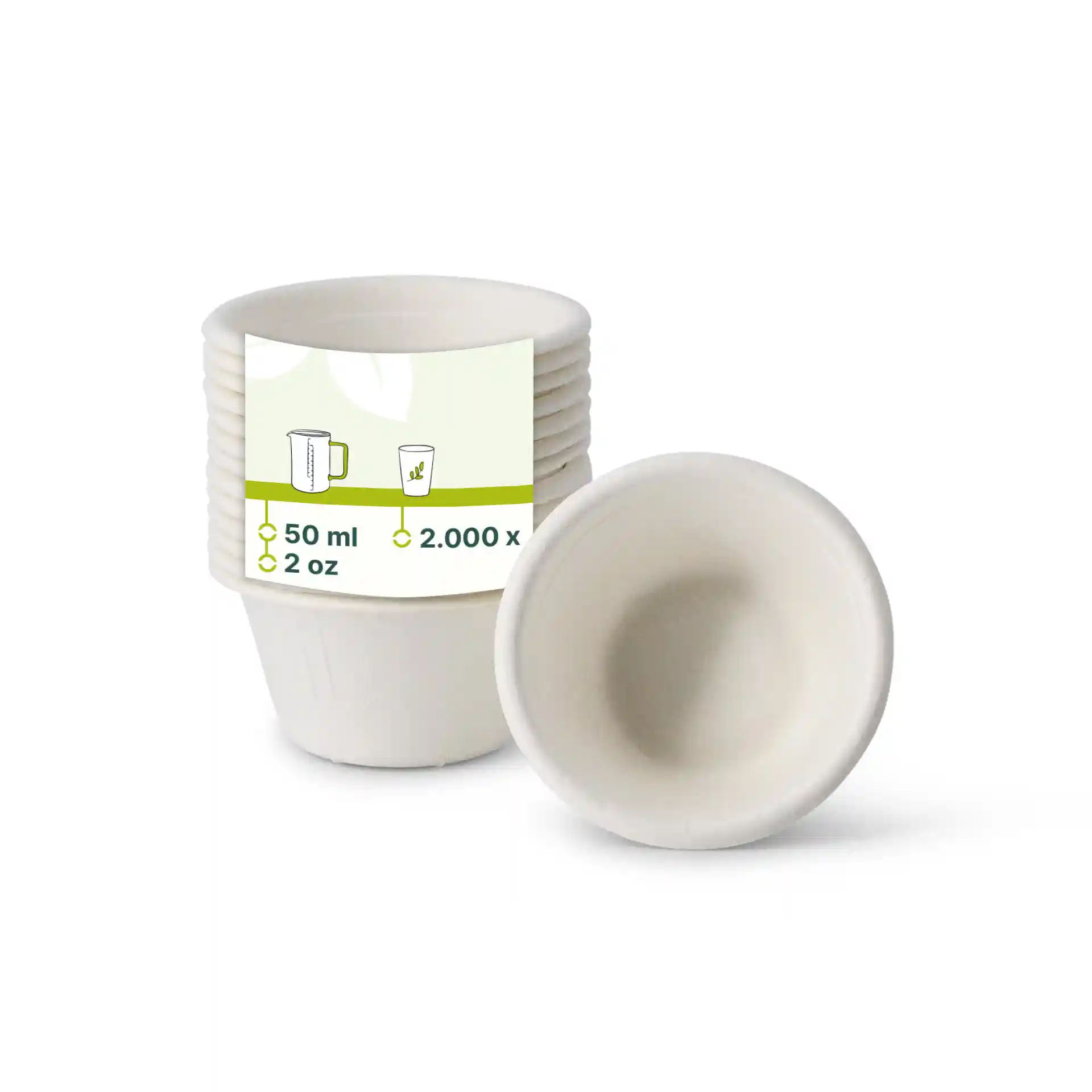 Witte bagasse-dipschalen gestapeld, met één schaal ondersteboven, met een label dat 50 ml capaciteit aangeeft.