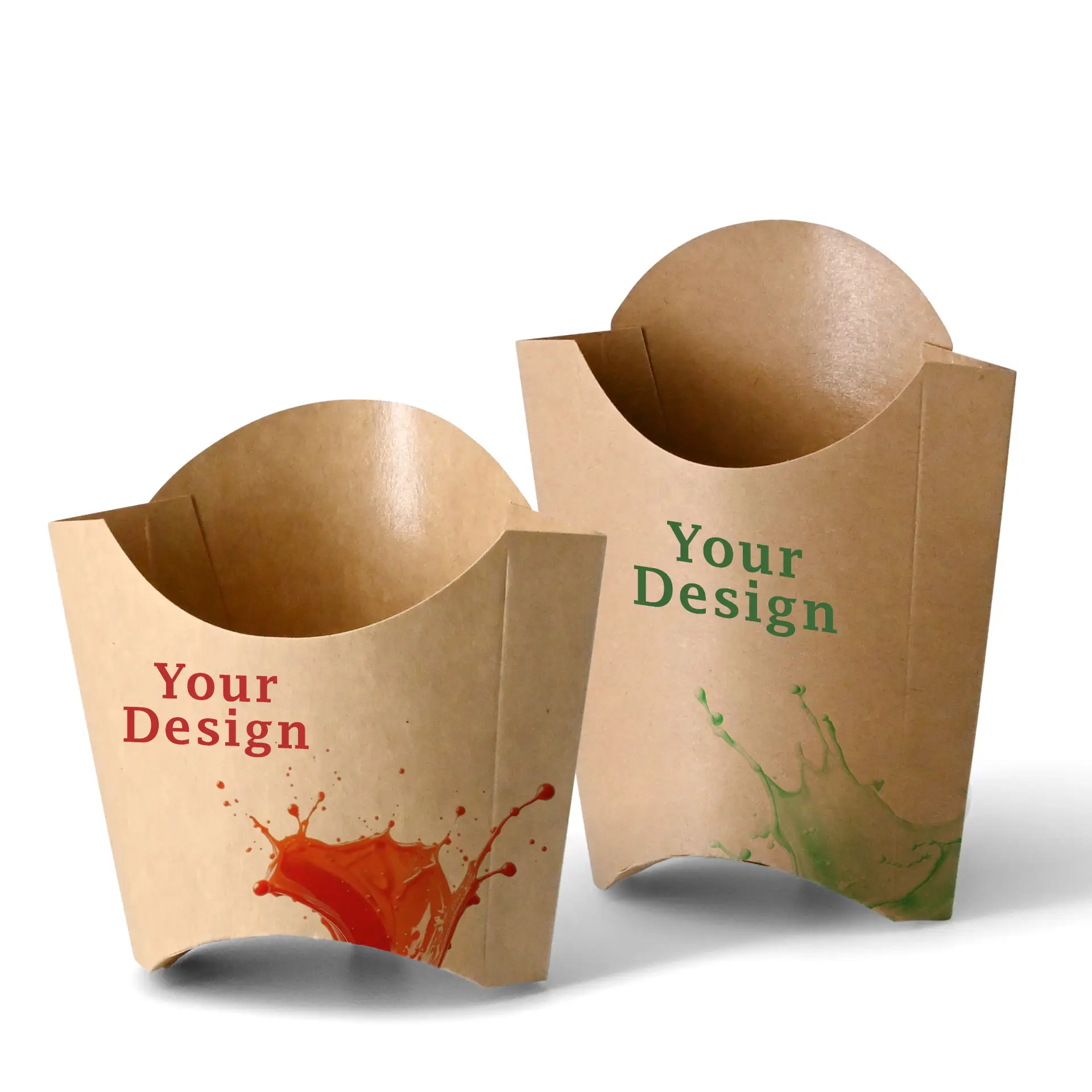 Aangepaste bedrukte chip trays van bruin karton; de ene heeft een rood spetterdesign, de andere een groen spetterdesign.