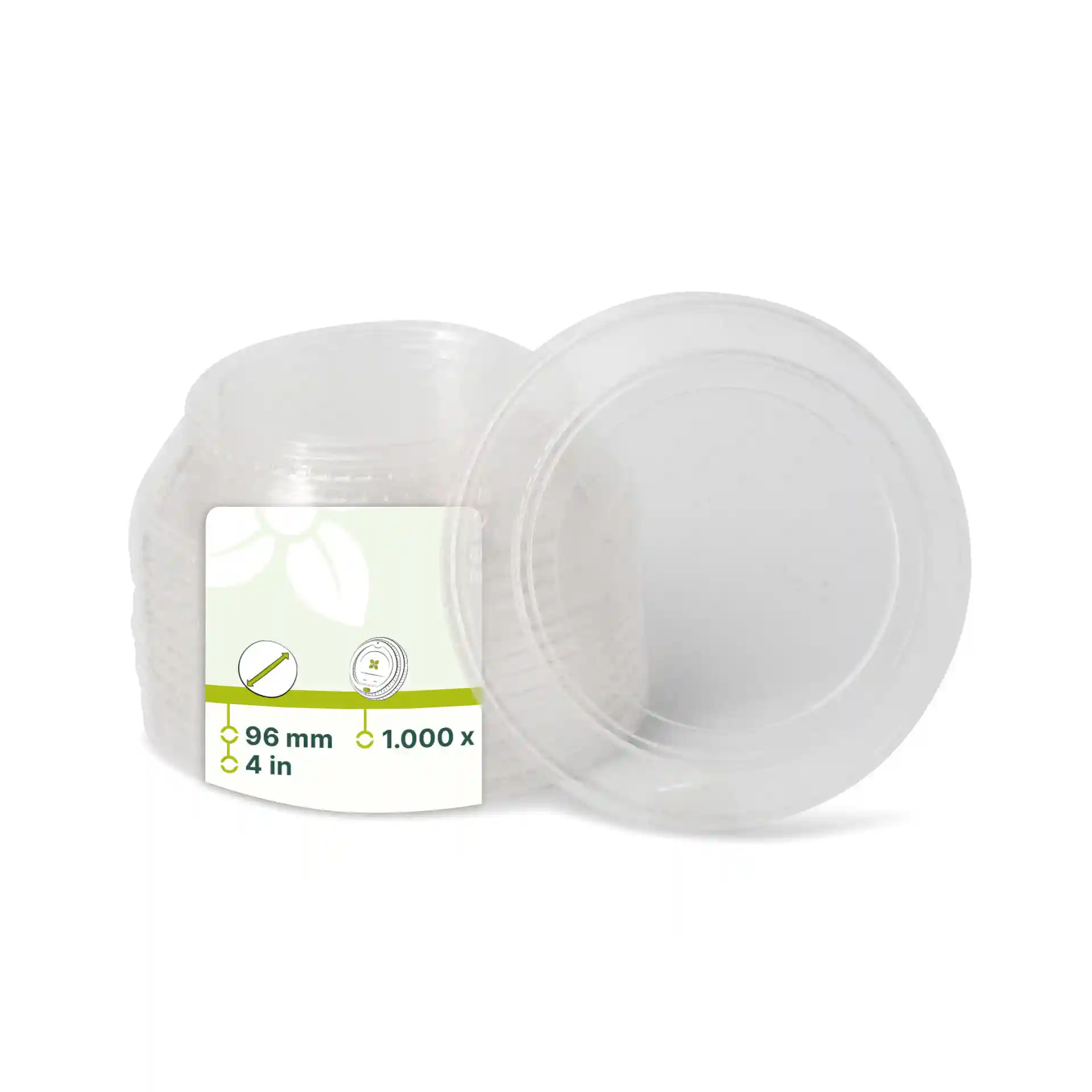 Transparante PLA-deksel met een diameter van 96 mm, getoond met een label en extra deksels op de achtergrond.