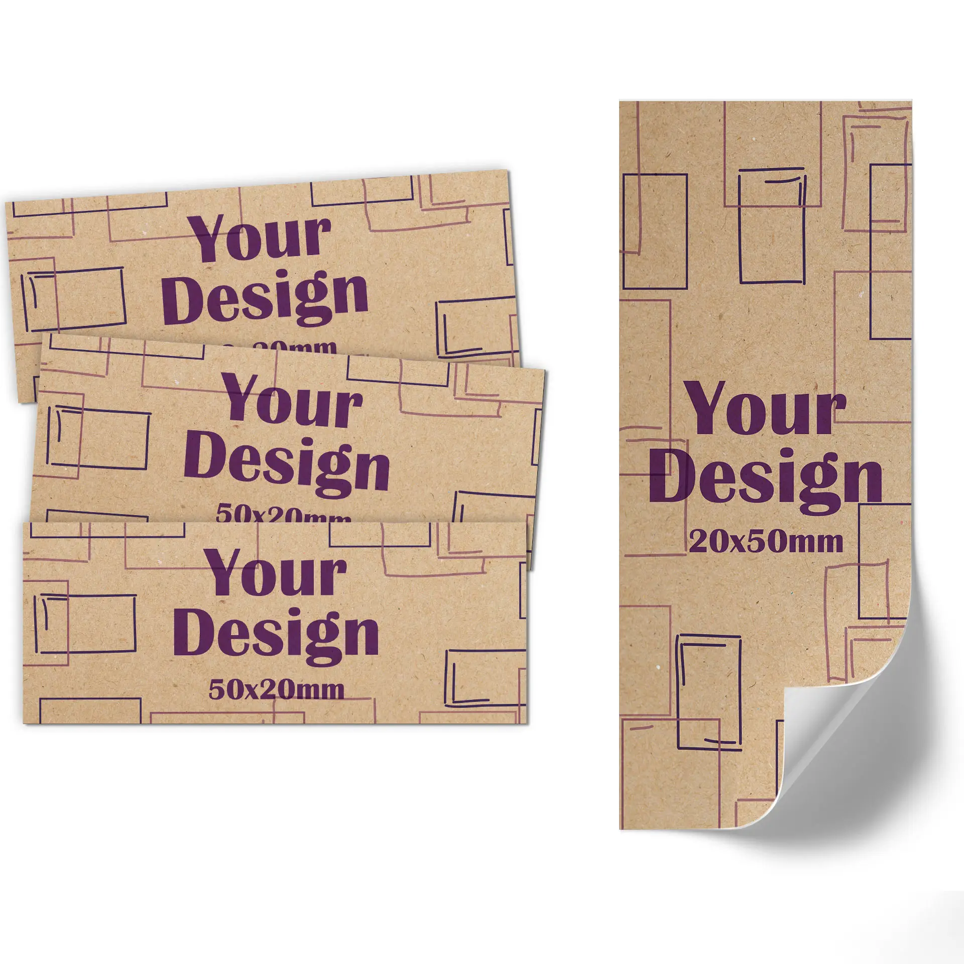 Label met een rond logo en afmetingen van 50x20 mm op een bruine achtergrond.