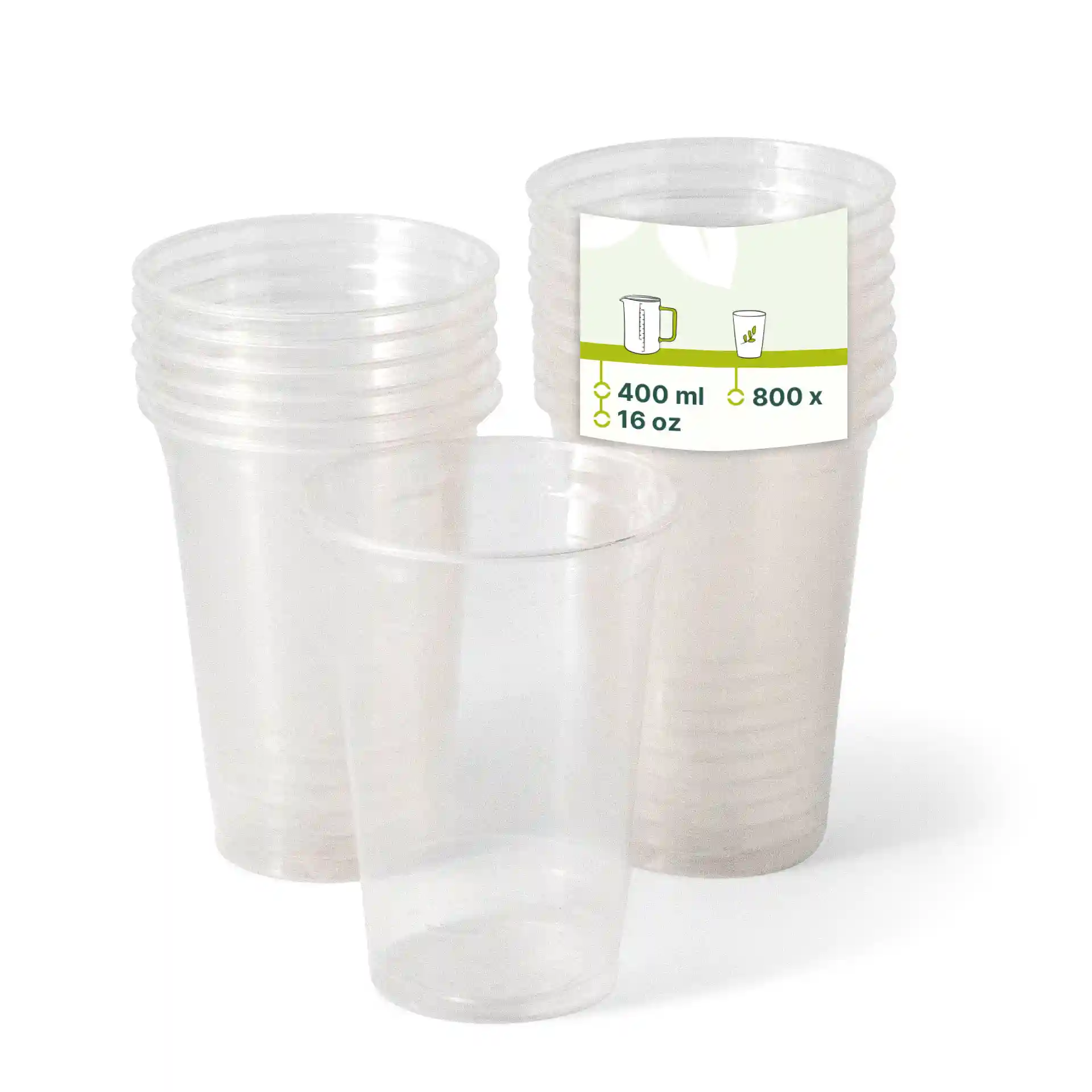 Transparante plastic bekers gestapeld met een label dat 400 ml capaciteit en 800 stuks toont.