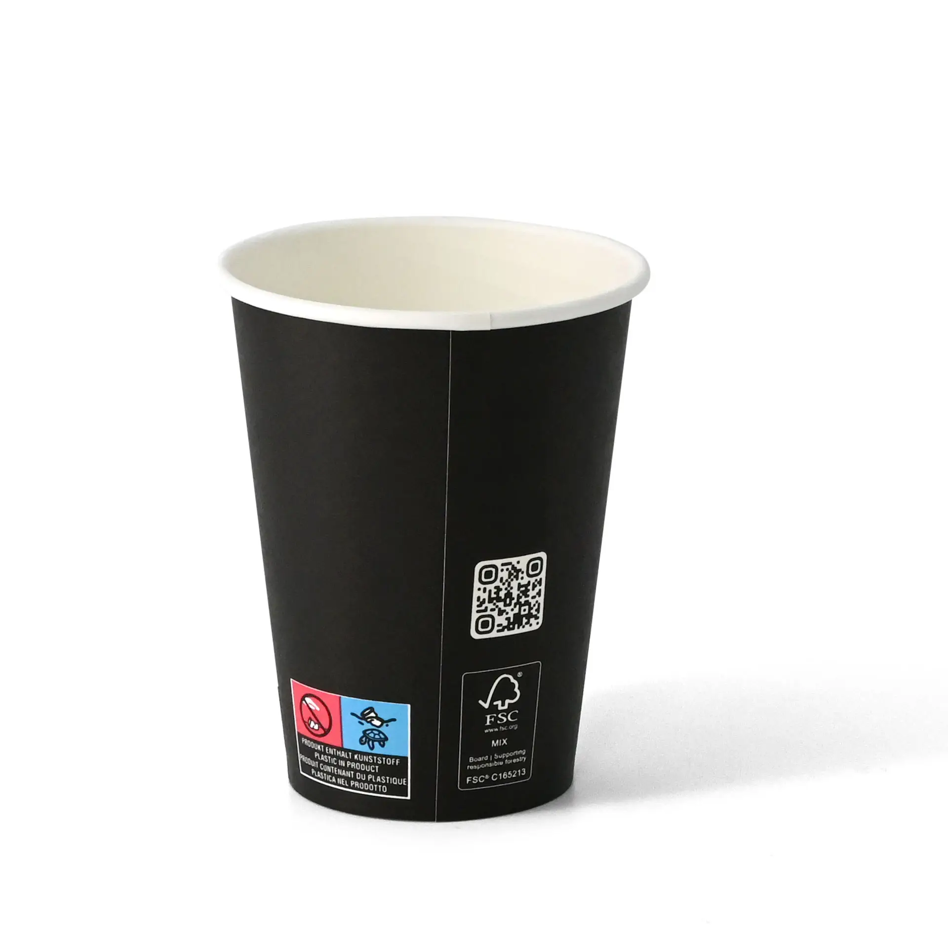 Zwarte papieren beker met PLA-gecoate binnenkant, 300 ml capaciteit en een diameter van 90 mm.
