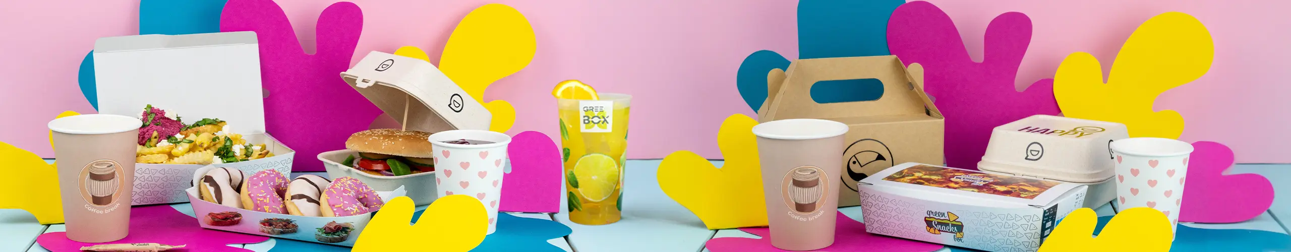 Diverse voedingsmiddelen, waaronder een hamburger, frietjes, donuts en drankjes, weergegeven met kleurrijke papercut-outs op een tafel.