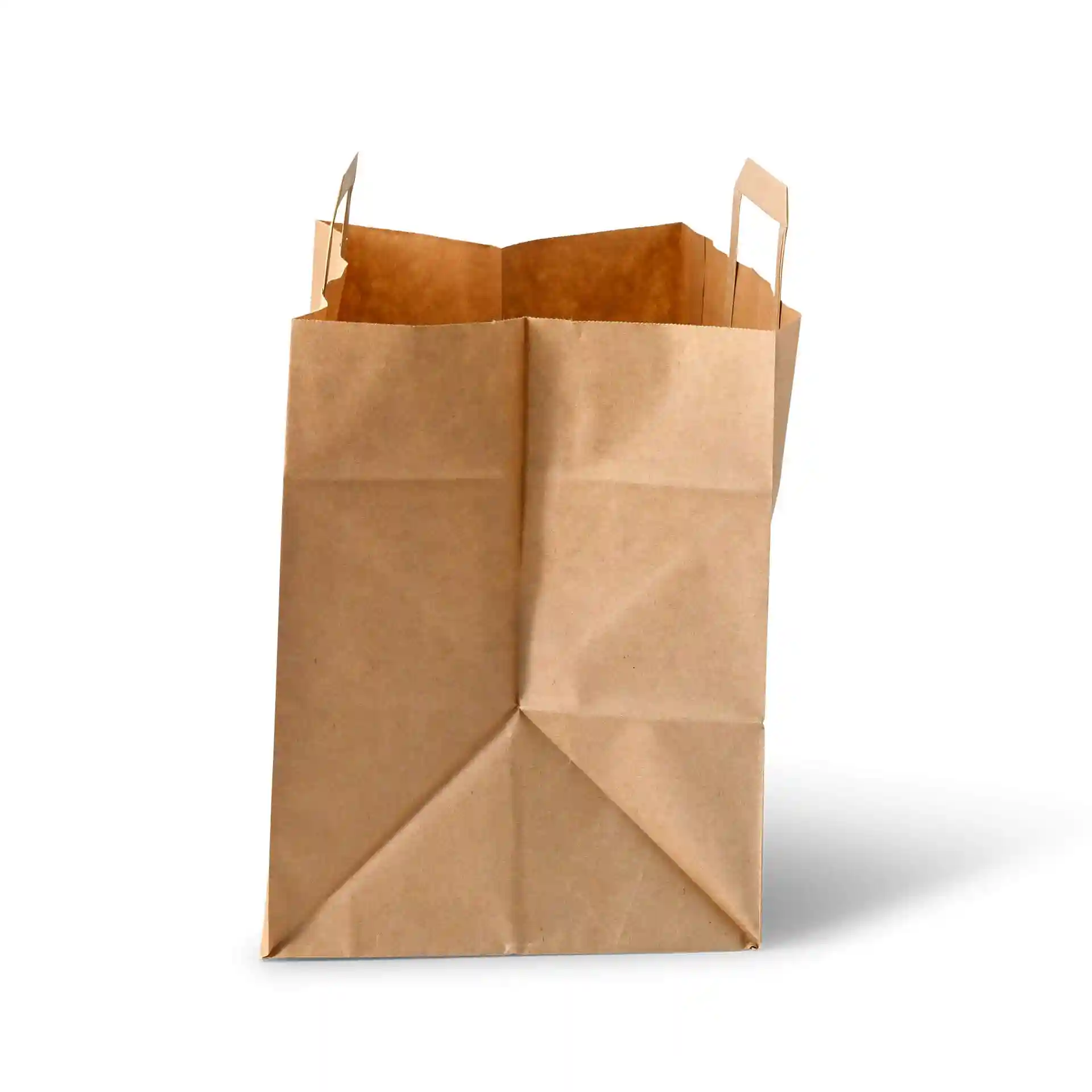 Bruine papieren draagtas met open bovenkant, afmetingen 32 x 21 x 27 cm, gemaakt van ongecoat gerecycled papier.