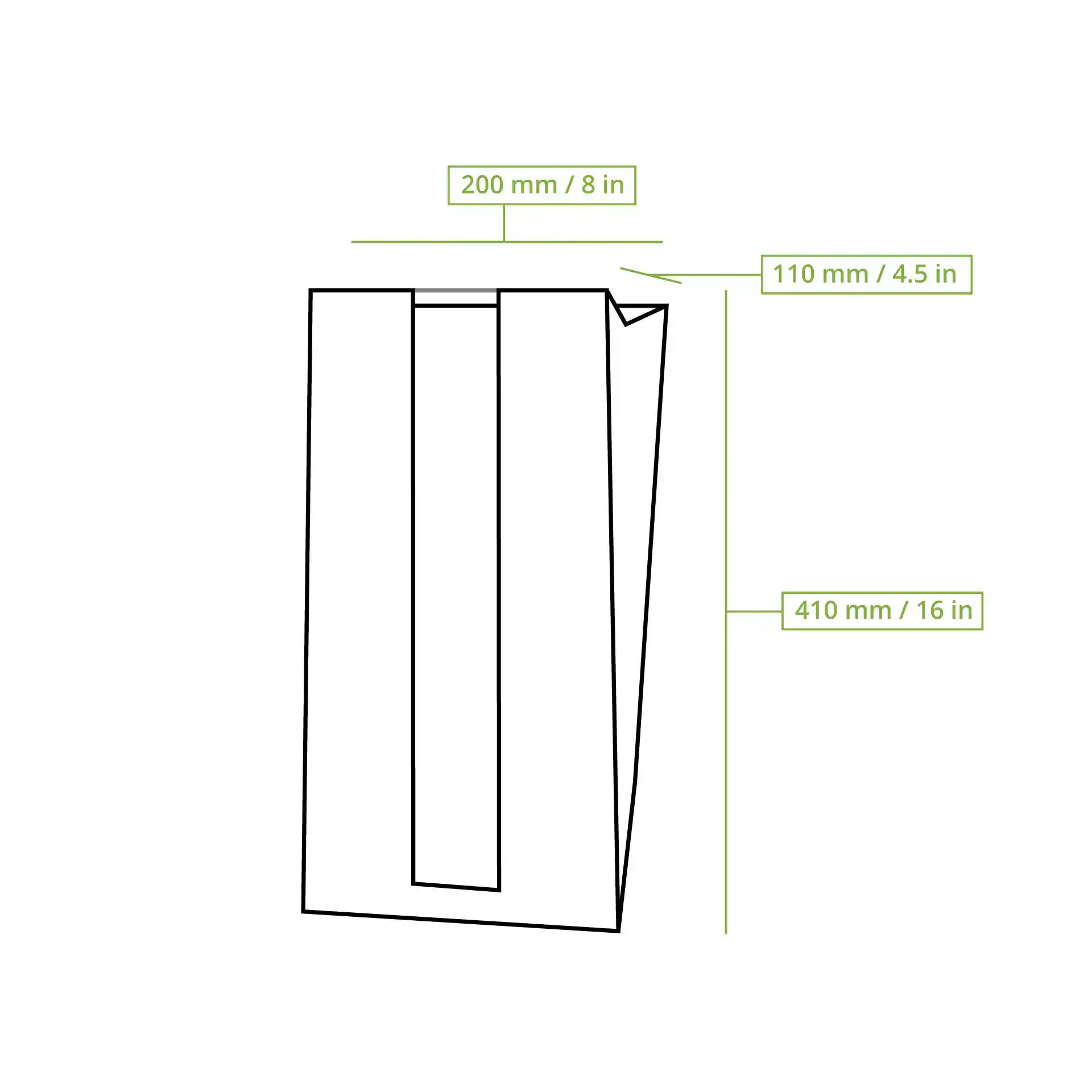 Schematische tekening van een platte papieren broodzak met afmetingen: 200 mm lengte, 110 mm breedte en 410 mm hoogte.
