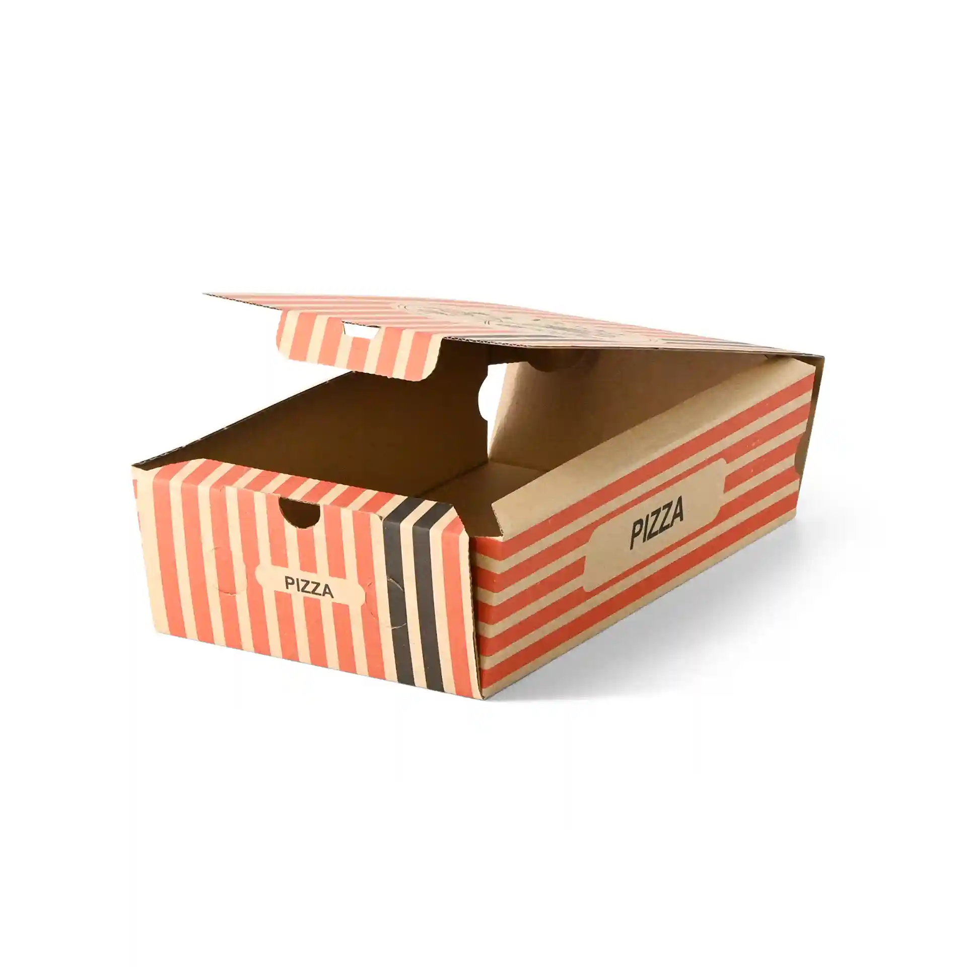 Bruine pizzadoos met een ontwerp van een pizzakok, 27 x 16 x 7 cm, gedeeltelijk open om het interieur te tonen.
