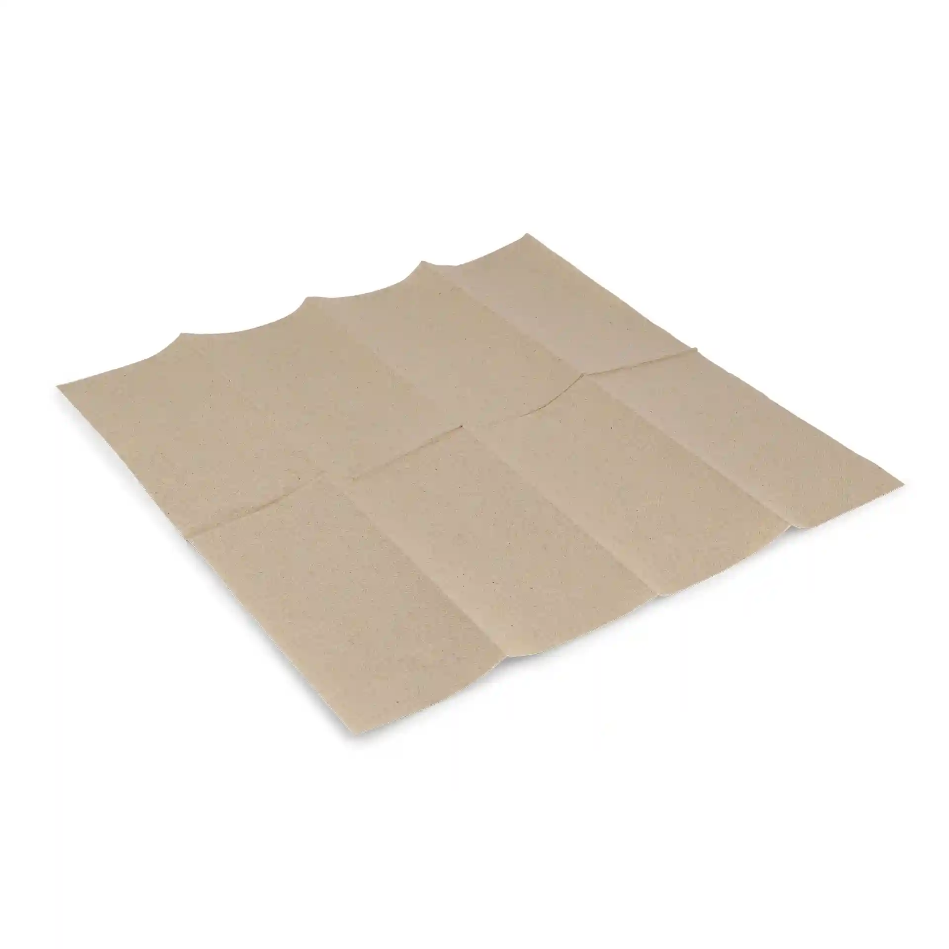 Rechthoekige ongebleekte gerecycleerde papieren servet, 40 x 40 cm, 2-laags, 1/8 gevouwen, plat op een witte achtergrond.