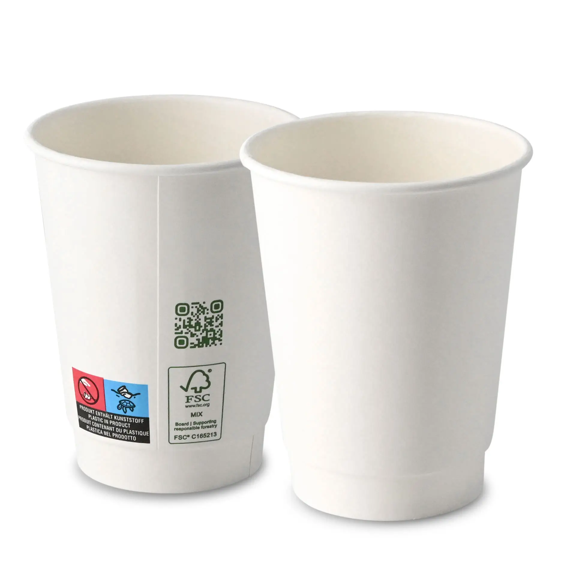 Twee witte dubbelwandige bekers, 300 ml, met zichtbare binnen- en buitenkant, met labels en symbolen.