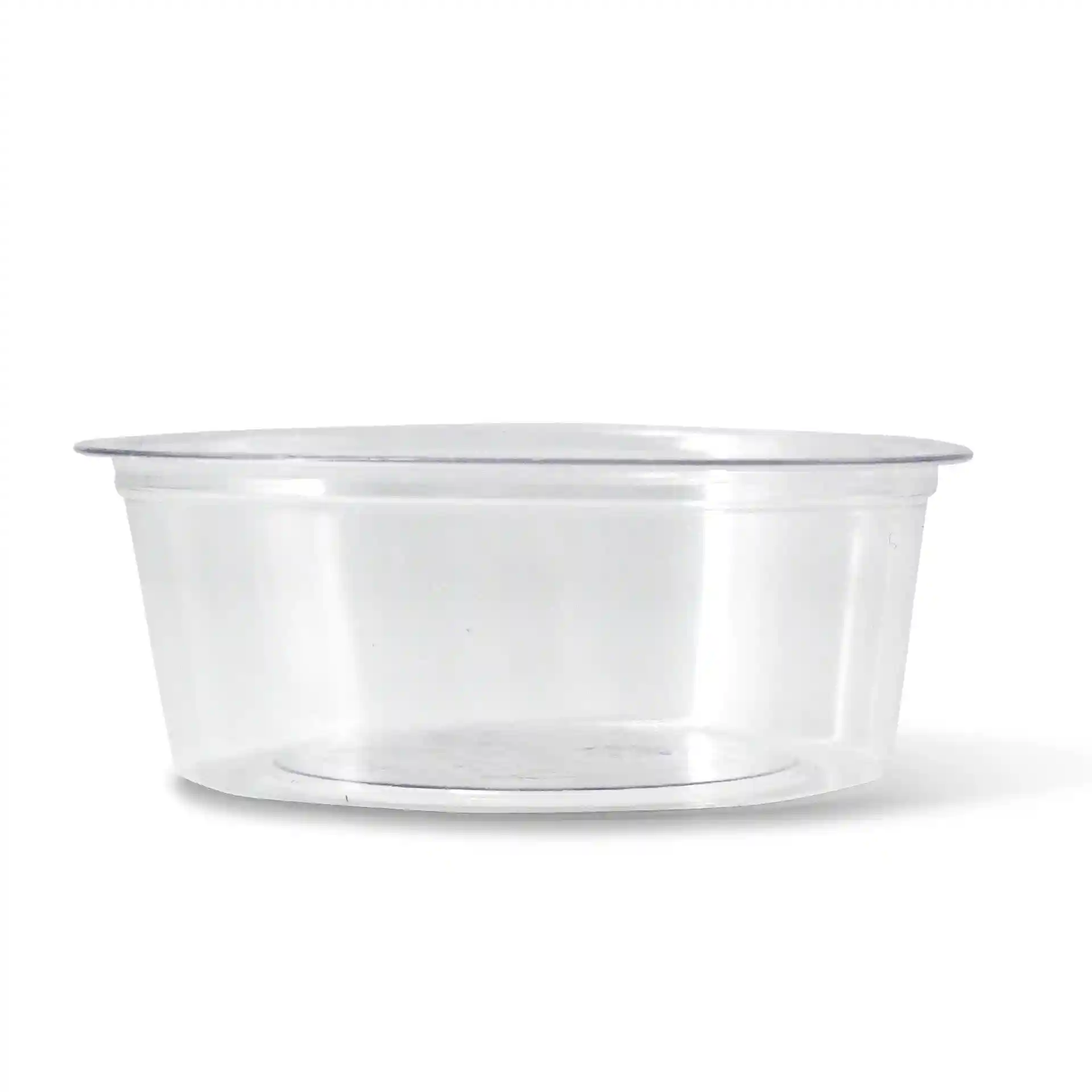 Transparante PLA-portiecup met een diameter van 70 mm en een hoogte van 25 mm, zijaanzicht.