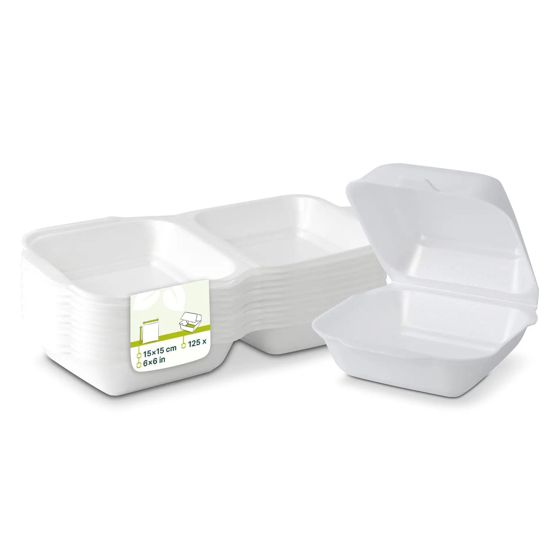Set van witte vierkante voedselcontainers, elk 15x15 cm, met één container gedeeltelijk open die de binnenkant toont.