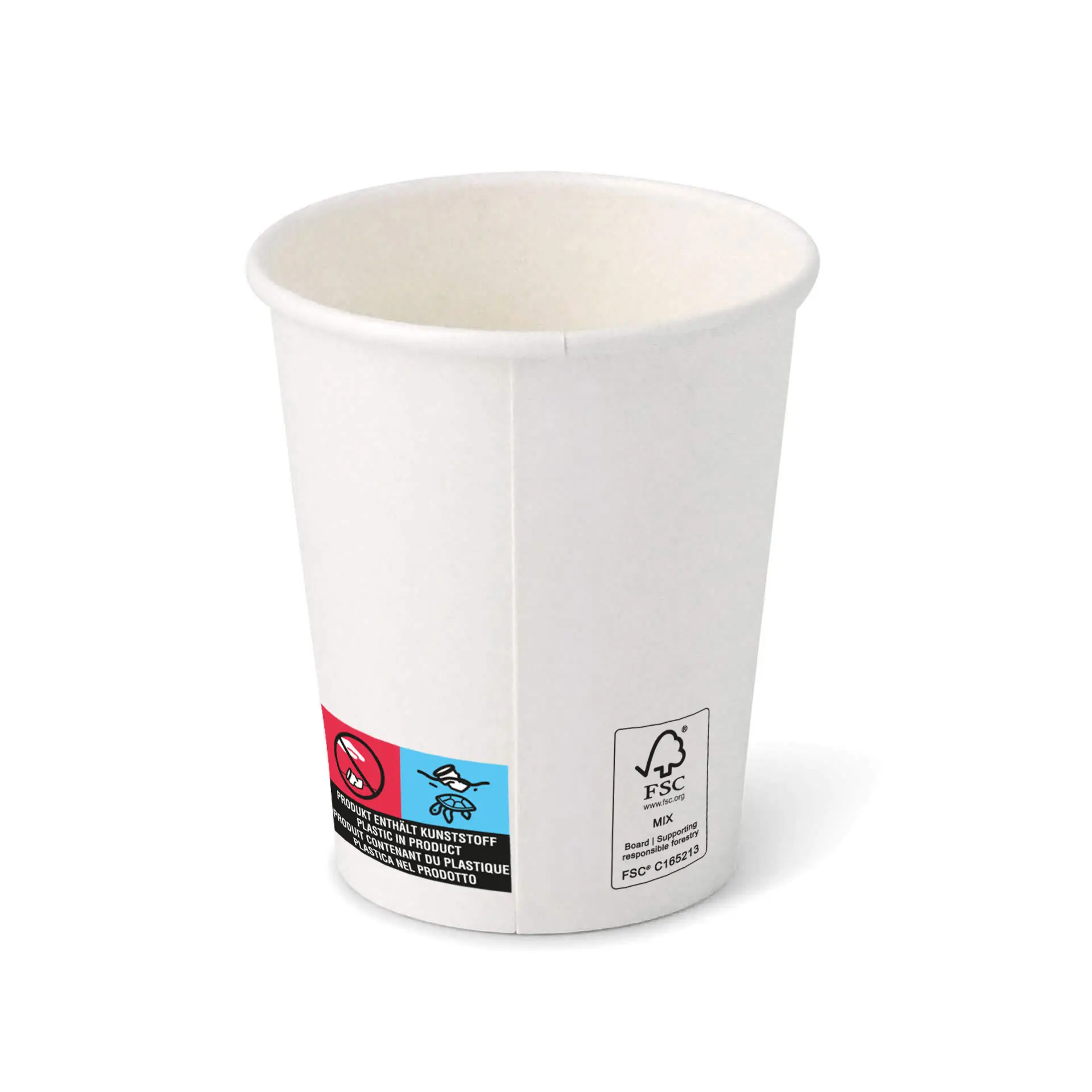 Witte papieren beker met ronde vorm, 8 oz capaciteit en zichtbare labels aan de zijkant.