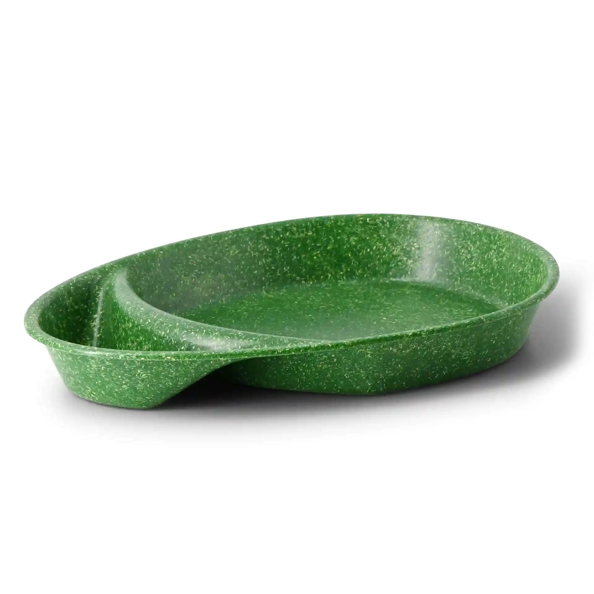 Donkergroene herbruikbare verdeelde plaat met twee compartimenten, druppelvorm, 27,5 × 20 × 3,5 cm.