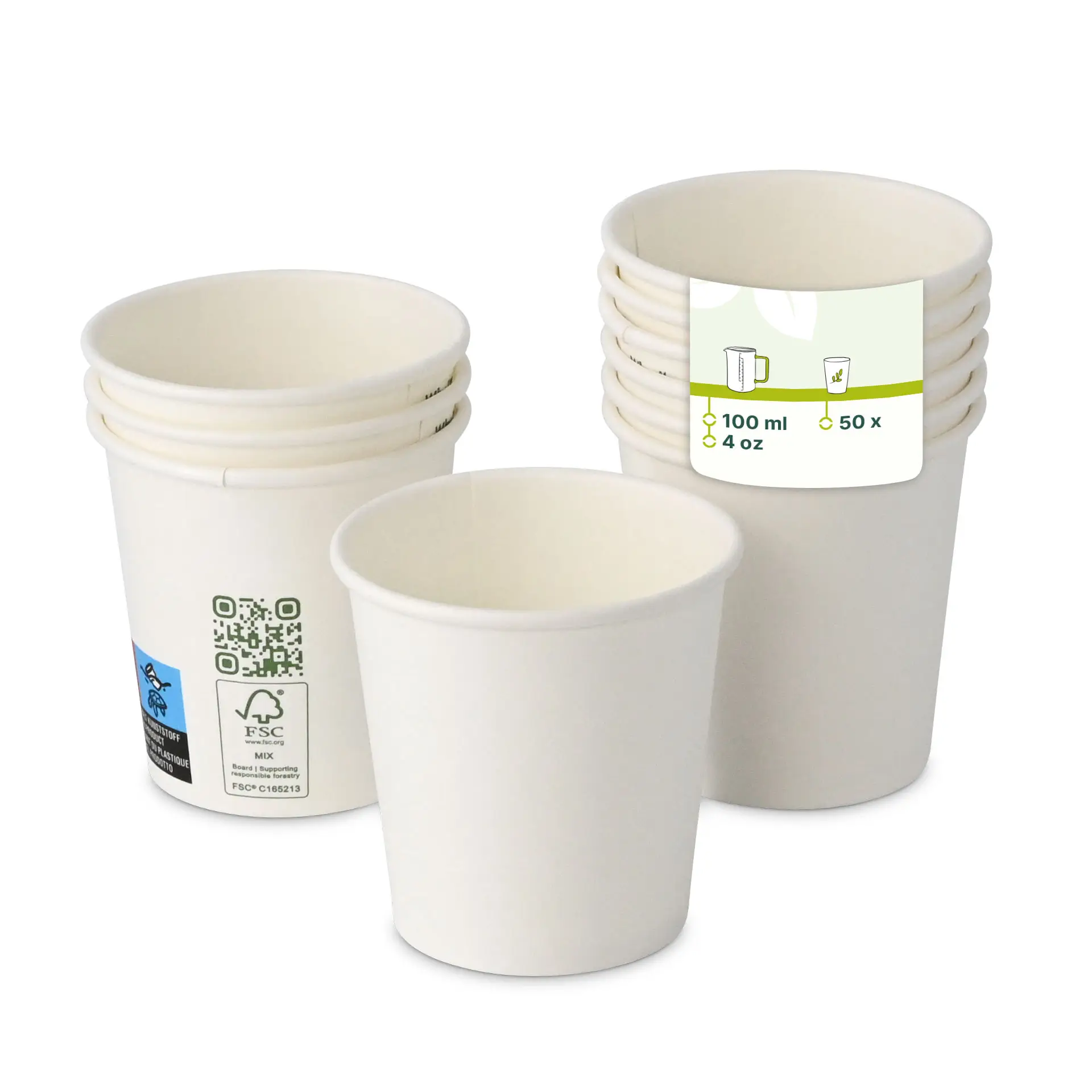 Witte papieren bekers gestapeld, enkele wand, 100 ml capaciteit, met een label met afmetingen en hoeveelheid.