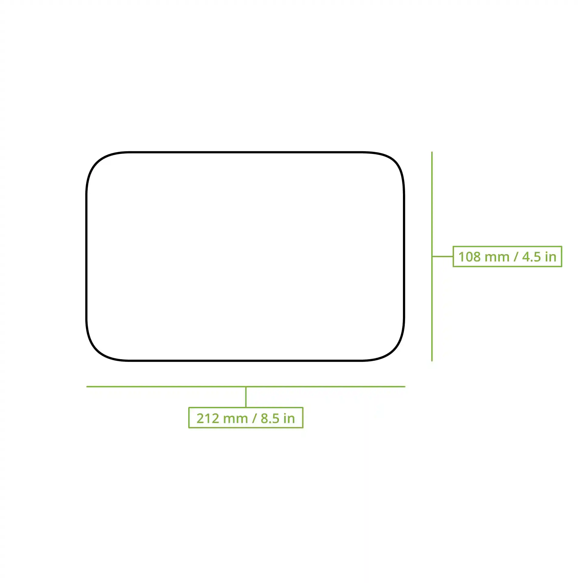 Schematische tekening van een rechthoekig deksel met afmetingen van 212 mm bij 108 mm.