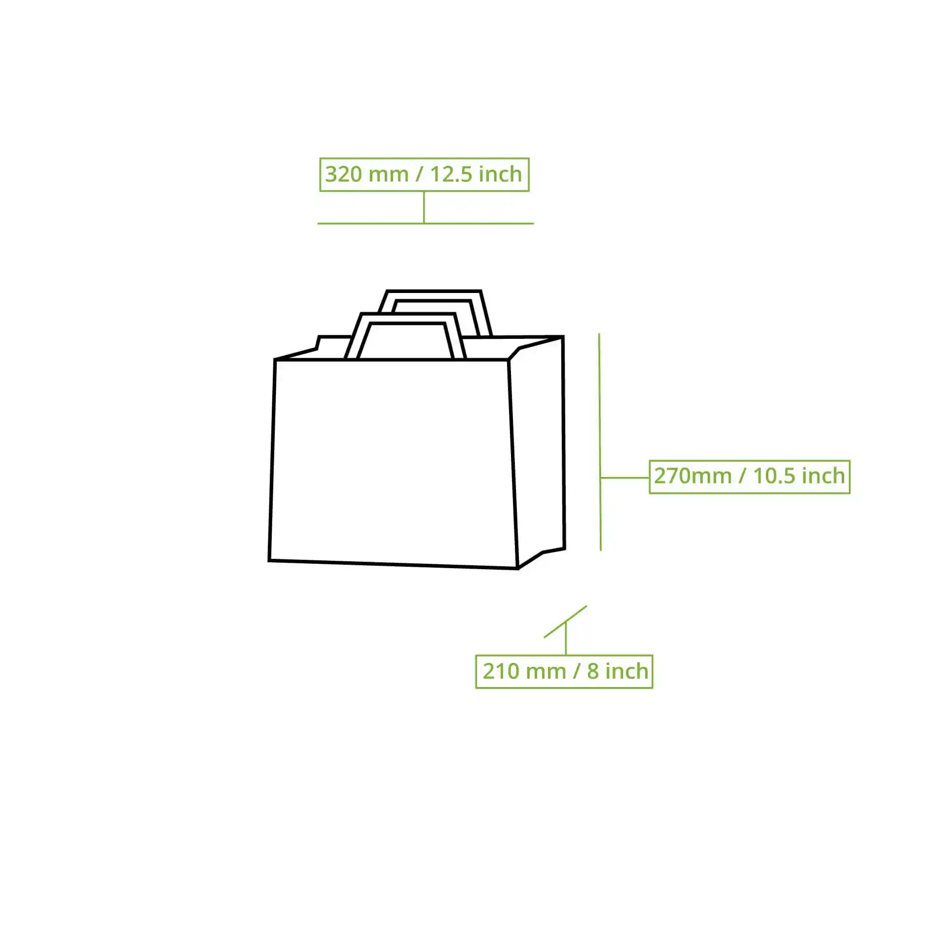 Schematische tekening van een papieren draagtas met afmetingen: 320 mm lengte, 270 mm hoogte en 210 mm breedte.