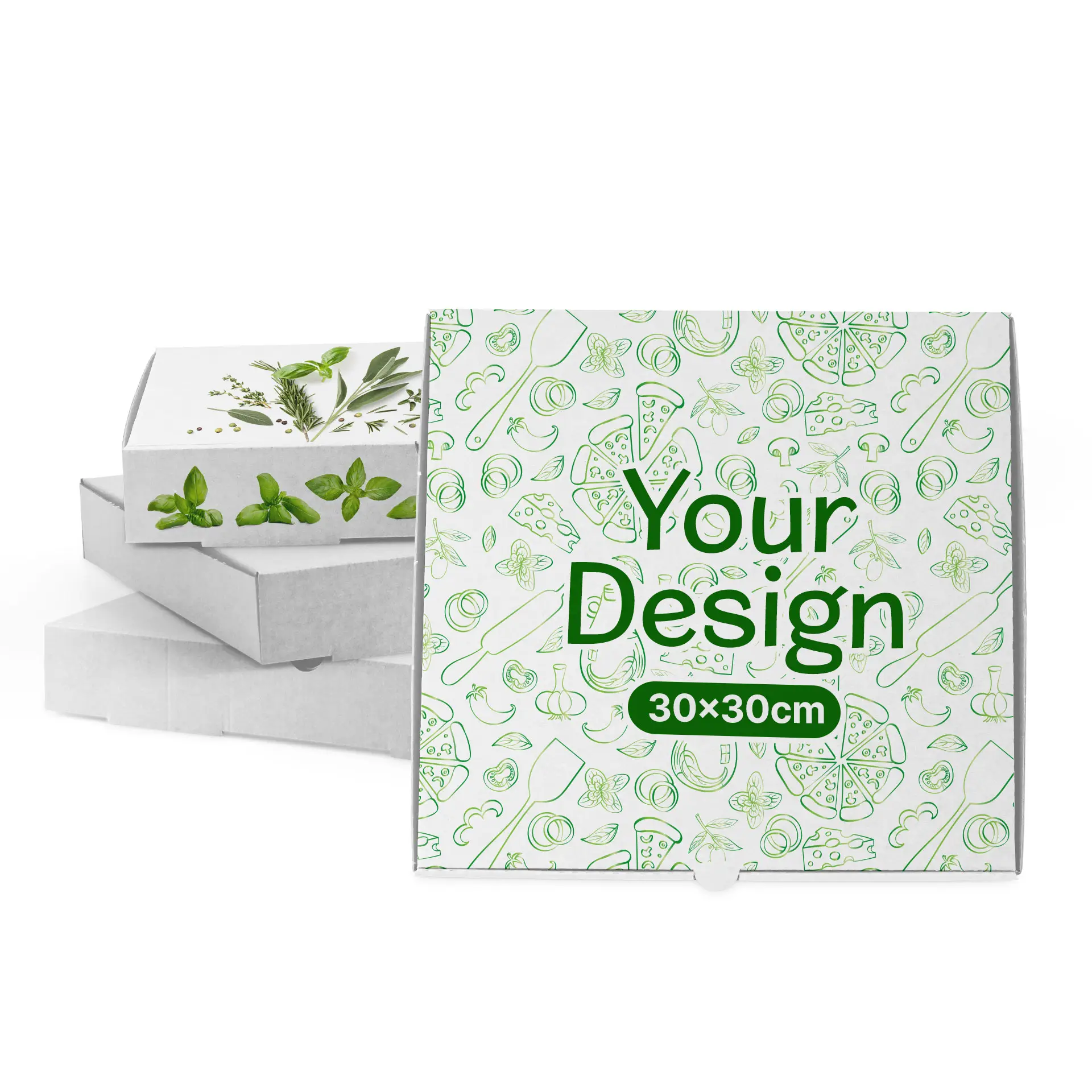 Witte pizzadoos met groene designelementen, 30 x 30 cm, voor twee eenvoudige witte dozen.