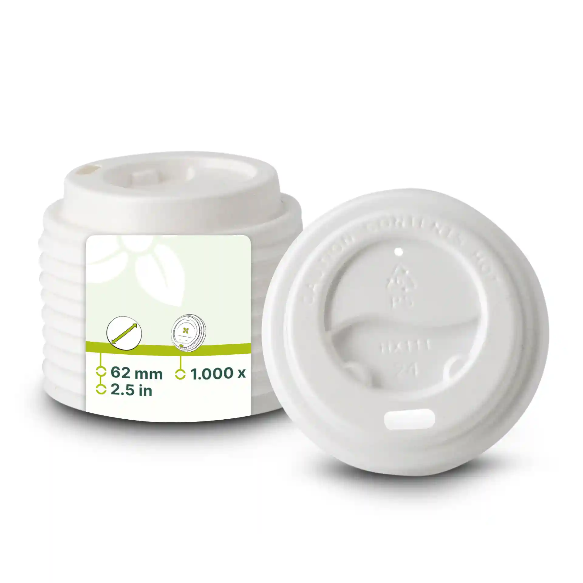 Witte PS-deksel met een diameter van 62 mm, met een drinkopening en een ronde vorm.