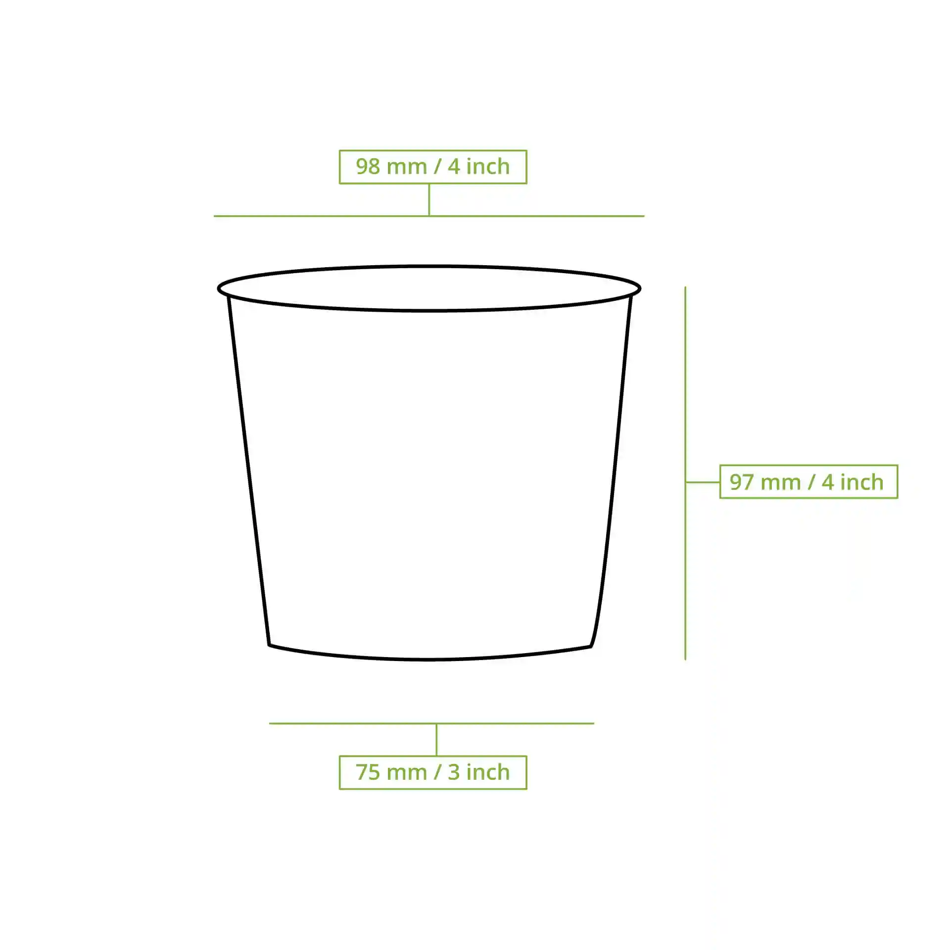 Schematische tekening van een ronde soepcontainer met afmetingen: bovenste diameter 98 mm, onderste diameter 75 mm, hoogte 100 mm.