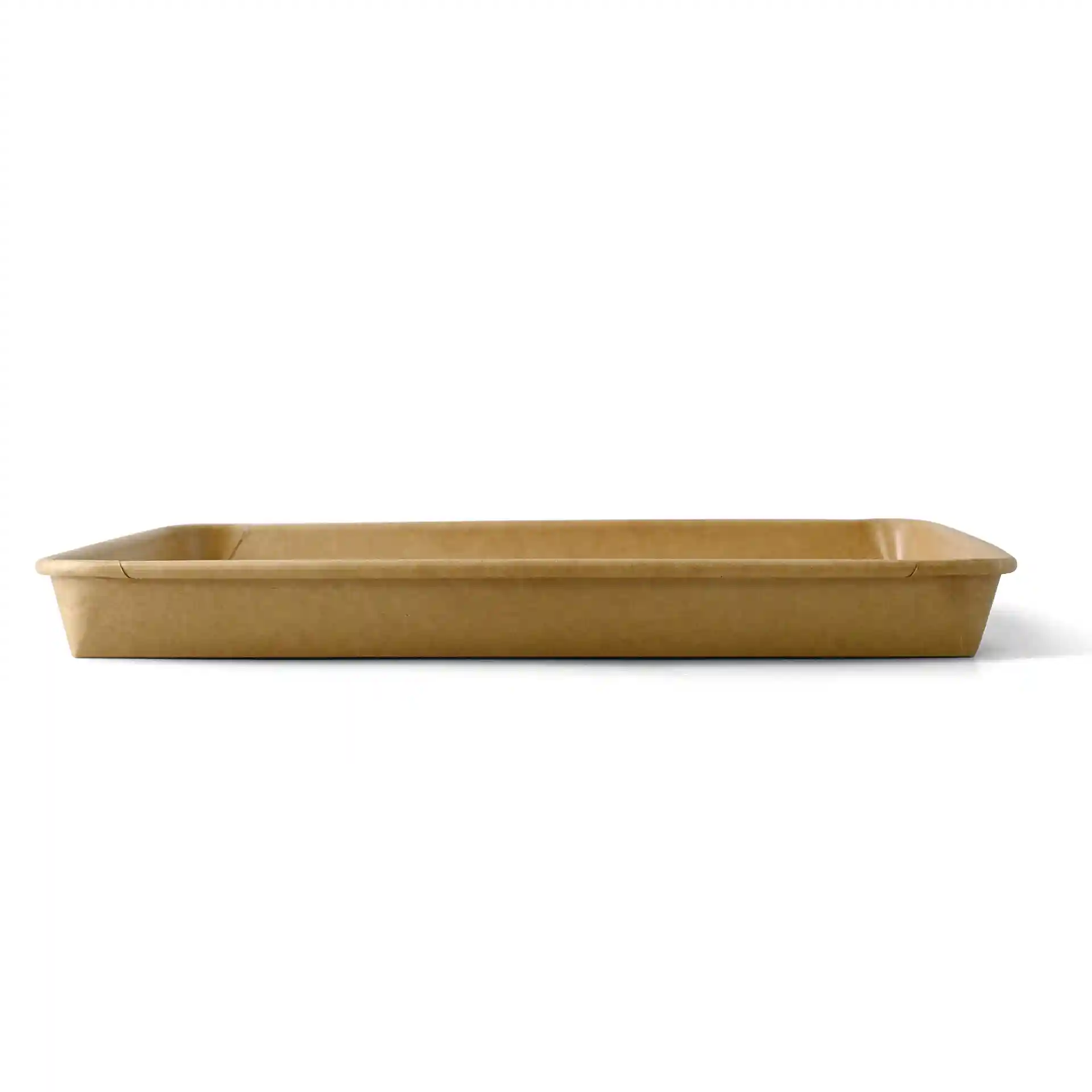 Bruine rechthoekige sushi-doos met PE-gecoate oppervlakte, 25,5 x 18 x 3 cm groot.