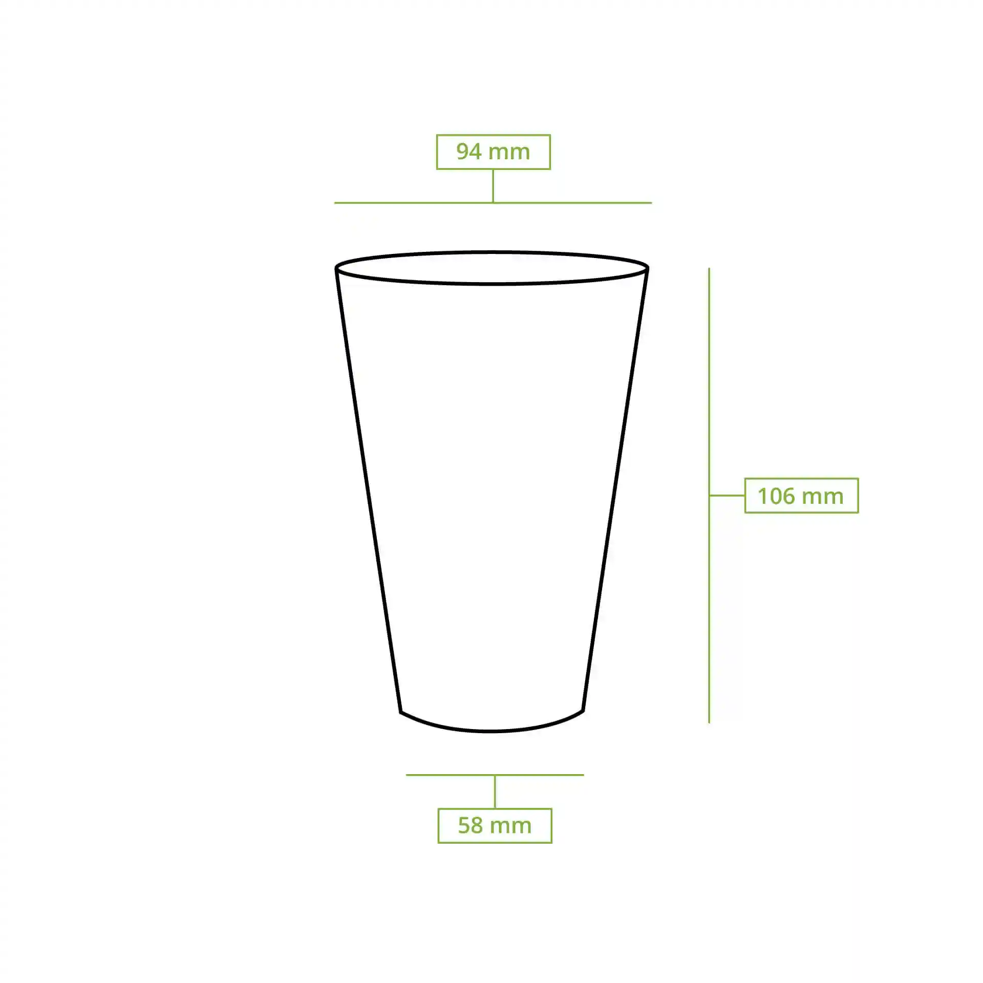 Schematische tekening van een transparante plastic beker met afmetingen: hoogte 106 mm, bovenste diameter 95 mm, onderste diameter 58 mm.