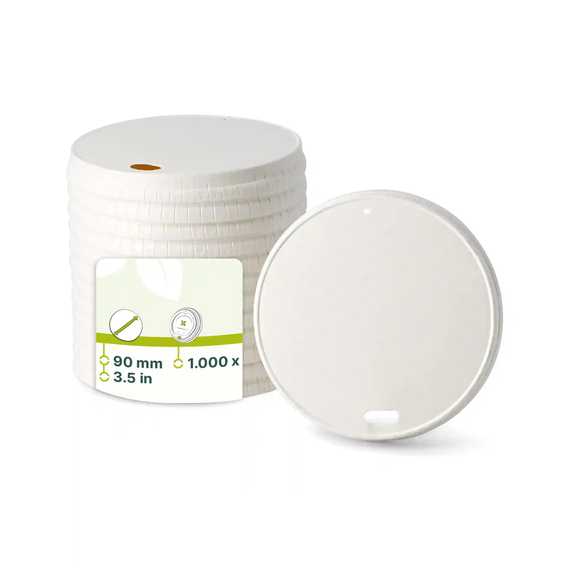 Witte bekerdeksels met een diameter van 90 mm, gestapeld met één deksel aan de zijkant getoond.