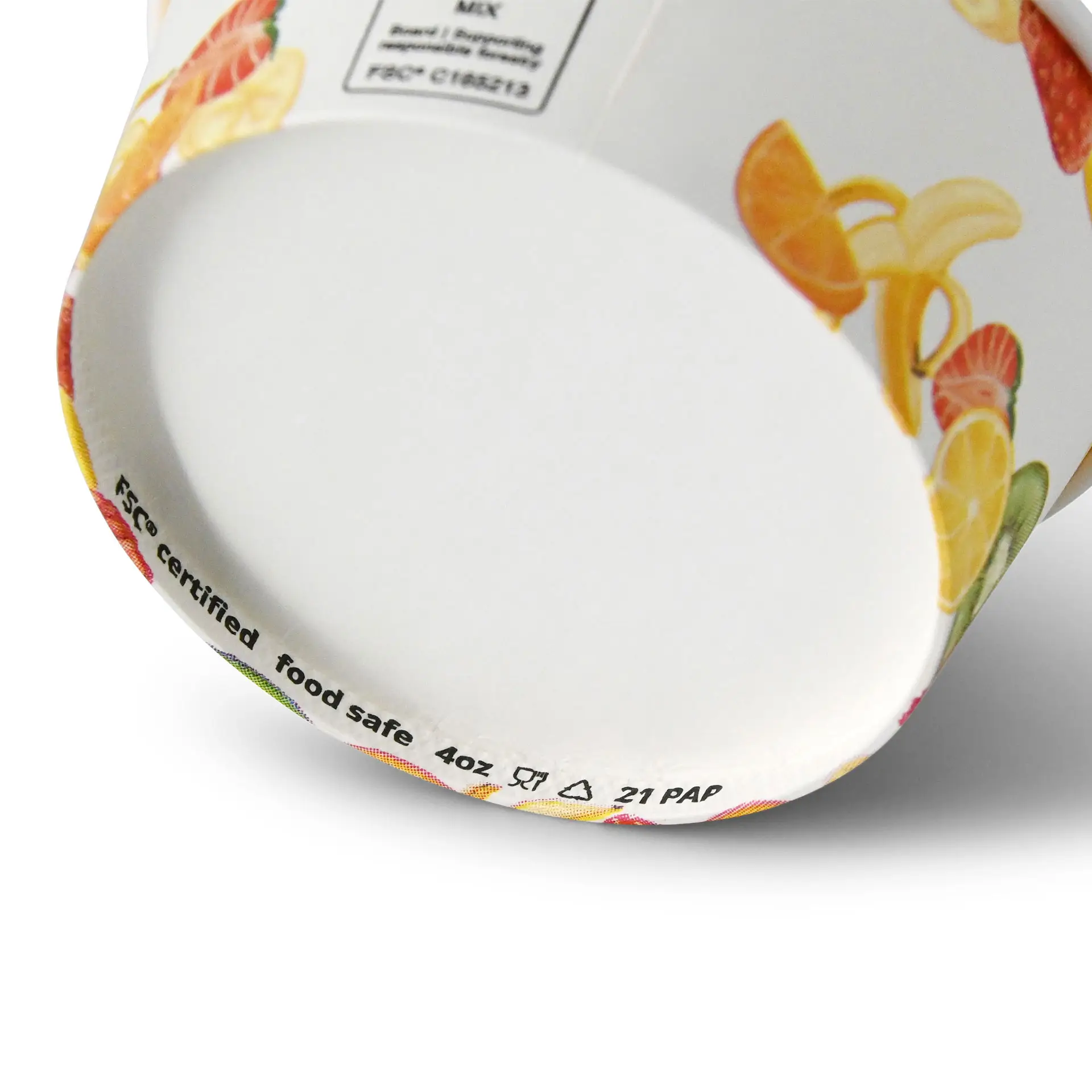 XS papieren ijsbekertje met fruitprint; PE-gelakt voor warme en koude etenswaren; 4 oz capaciteit; FSC-gecertificeerd.