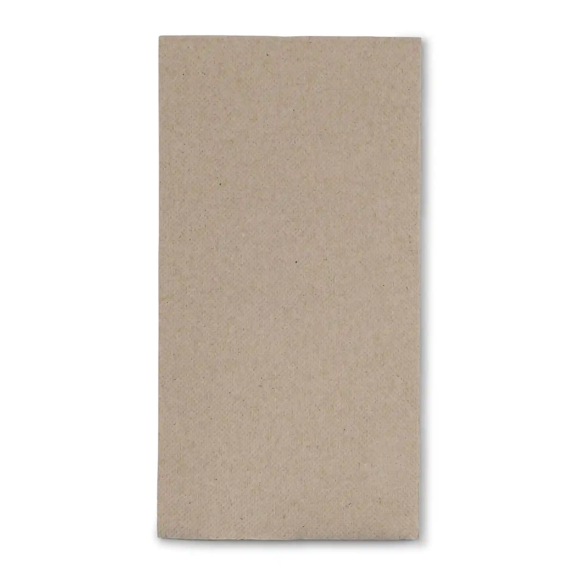 Rechthoekige ongebleekte gerecycleerde papieren servet, 40 x 40 cm, 2-laags, met een symbool voor gerecycled materiaal.