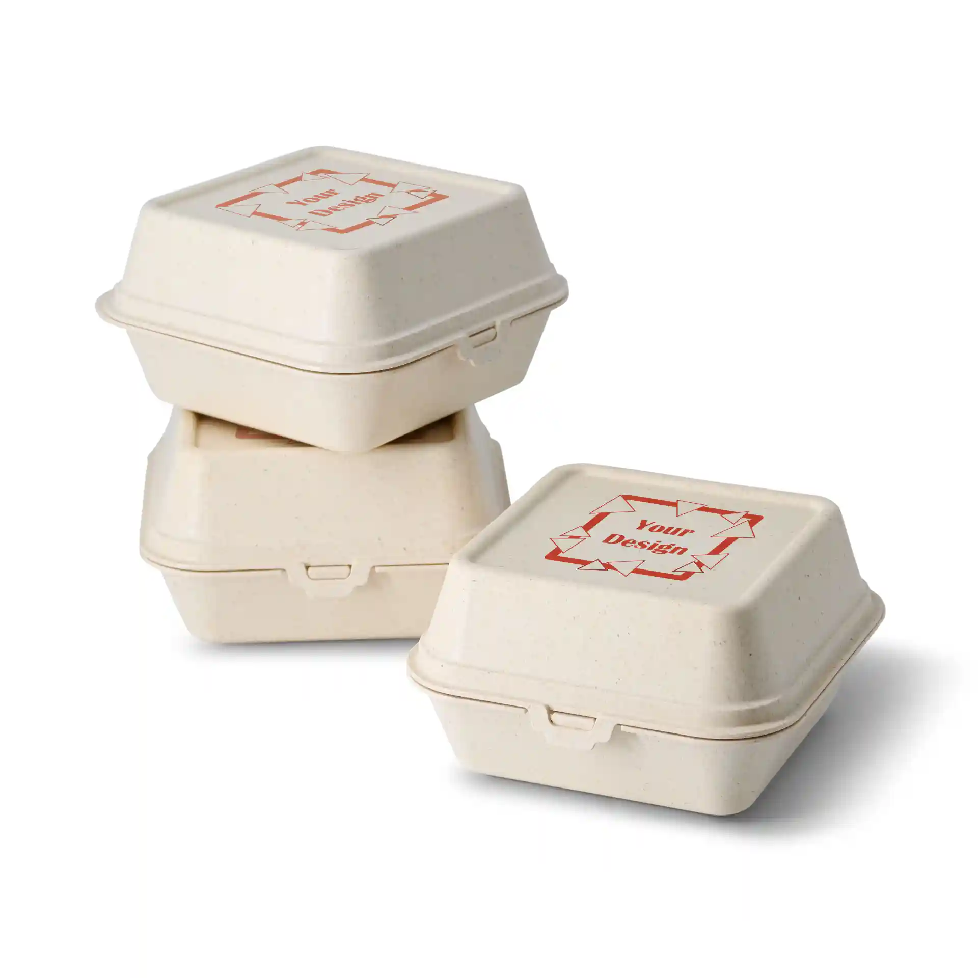 Stapeltje crème-witte, bedrukte herbruikbare burgerdozen in rechthoekige vorm met een etiket bovenop.