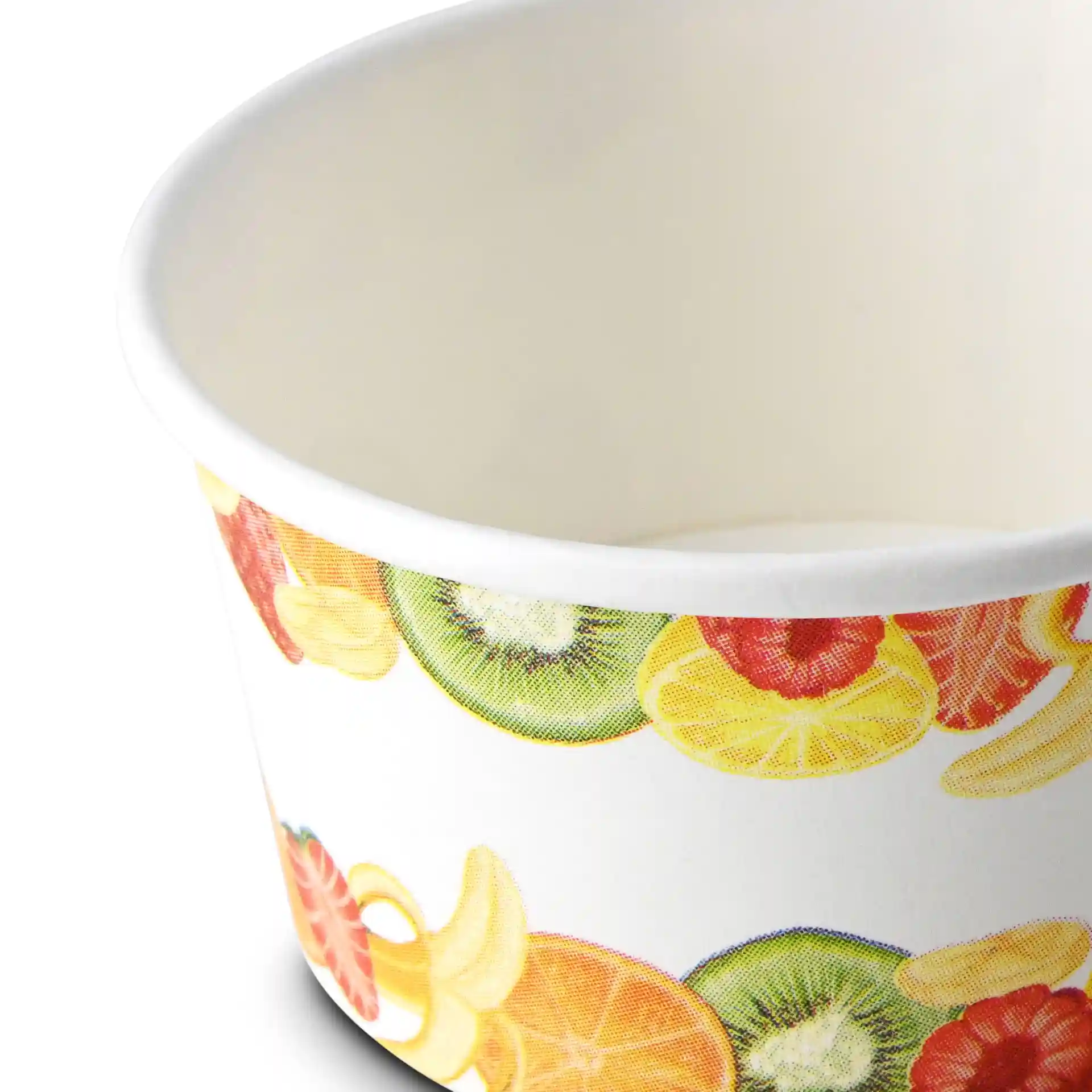 Papieren beker met een gedrukt fruitontwerp, 6 oz capaciteit, 92 mm diameter bovenaan en 50 mm hoogte.