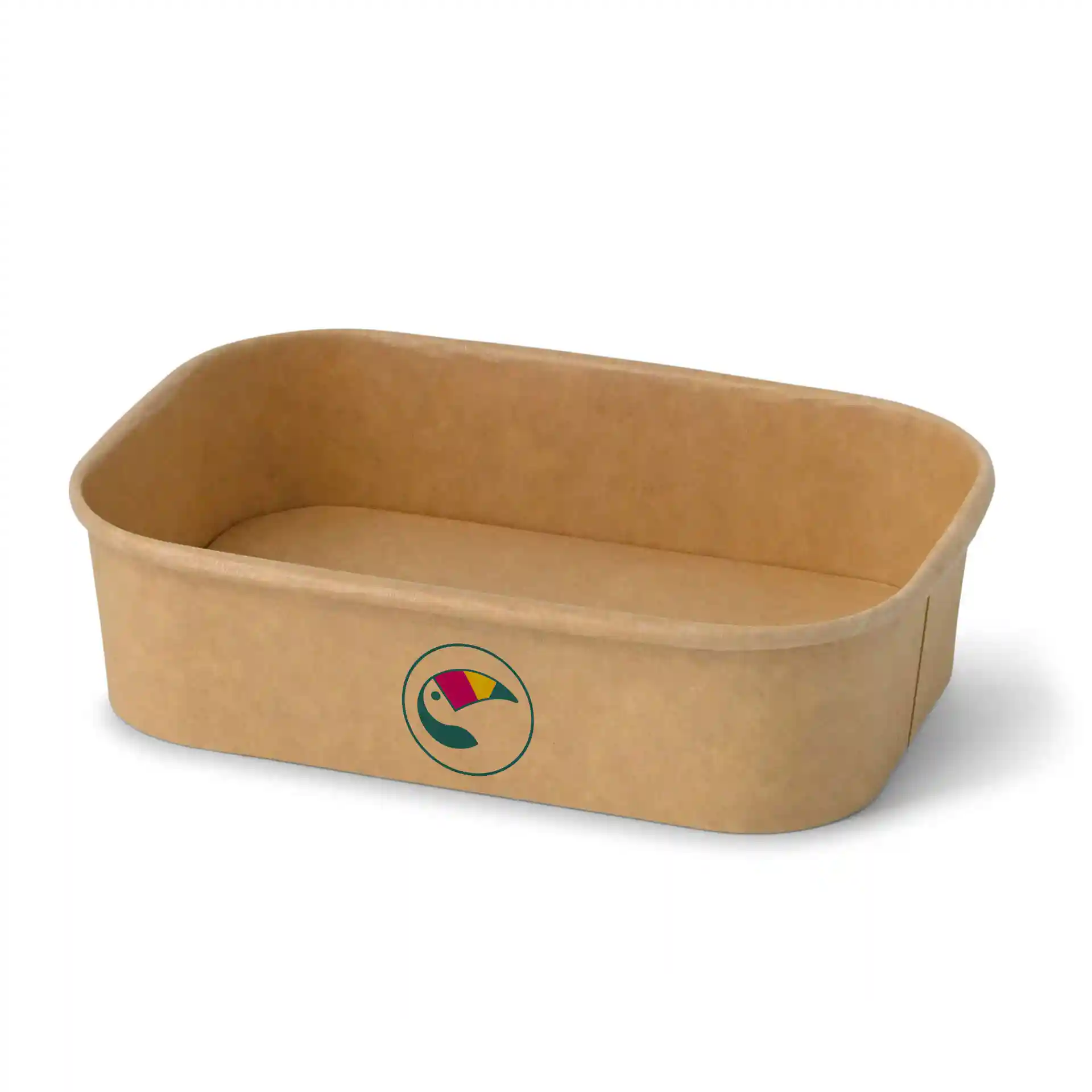 Rechthoekige bruine saladeschaal met een PE-gecoate binnenkant en een rond logo met een toekanontwerp.