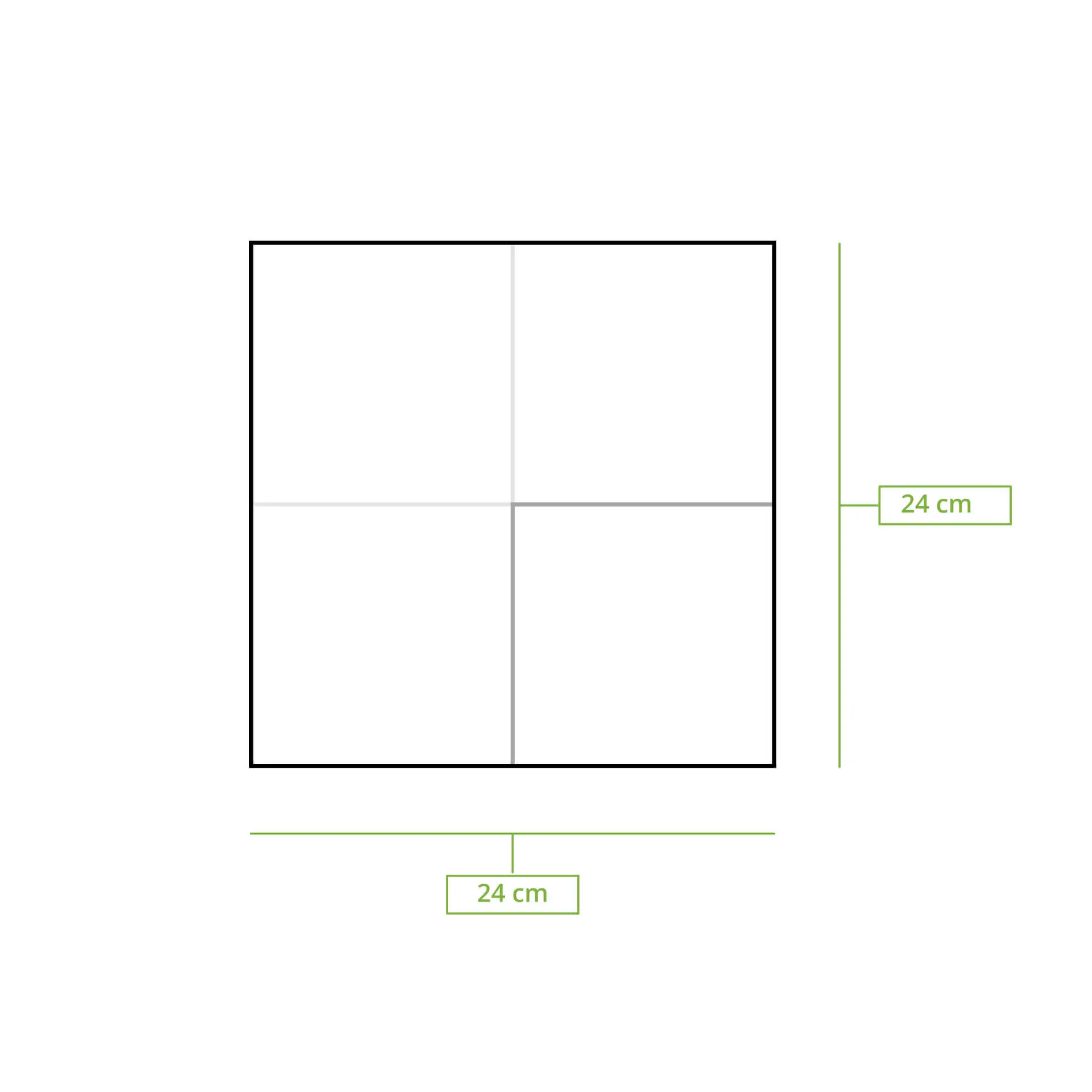 Witte cocktailservet, 24 x 24 cm, 2-laags, met een zwarte rand en markeringen voor de afmetingen.