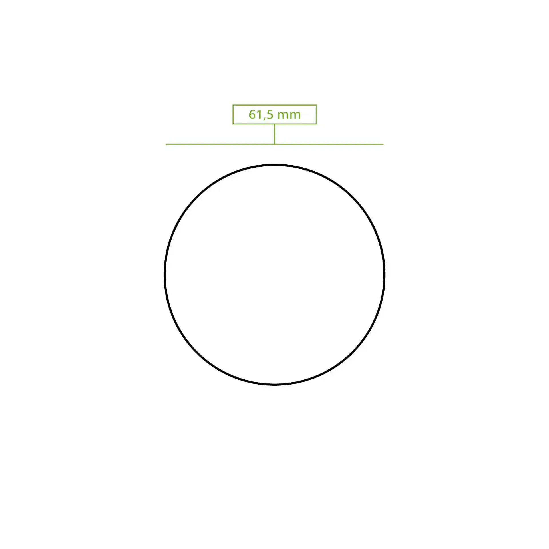 Schematische tekening van een cirkel met een diameter van 61,5 mm.