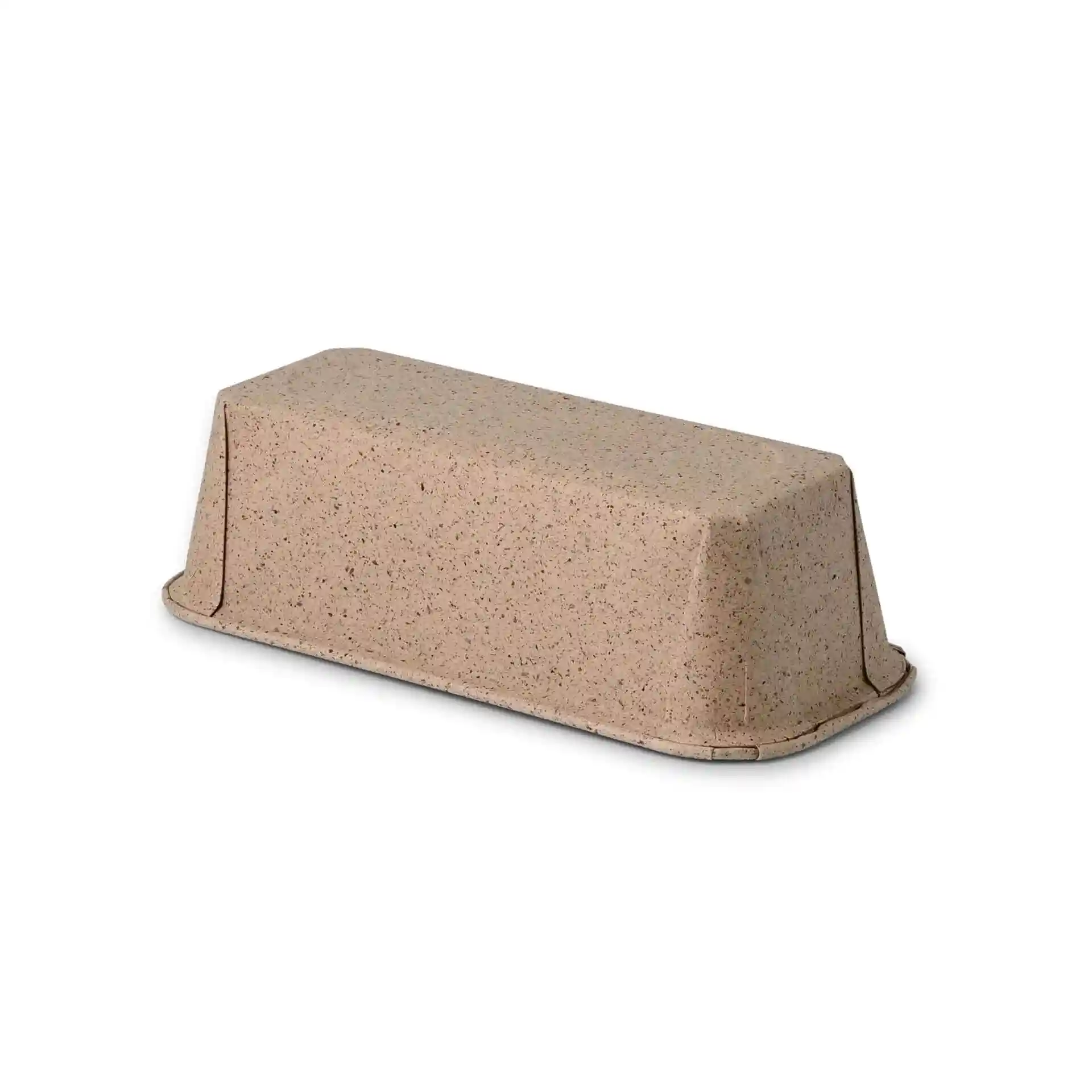 Rechthoekige bakvorm van bruin cacaopapier, 16 × 5,5 × 5 cm groot.