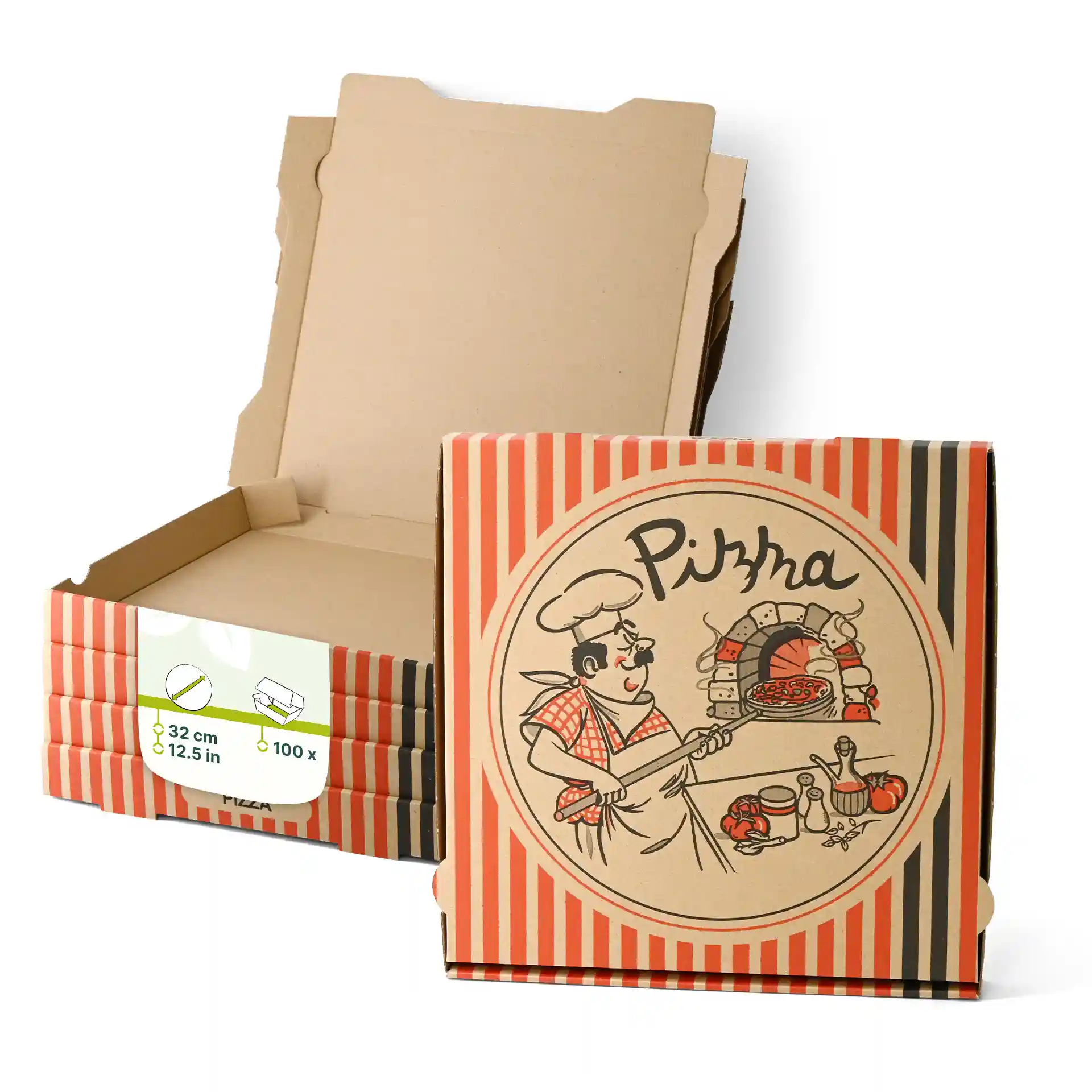 Pizzadoos met een pizzakok ontwerp, afmetingen 32 x 32 x 4 cm, getoond met meerdere gestapelde dozen.