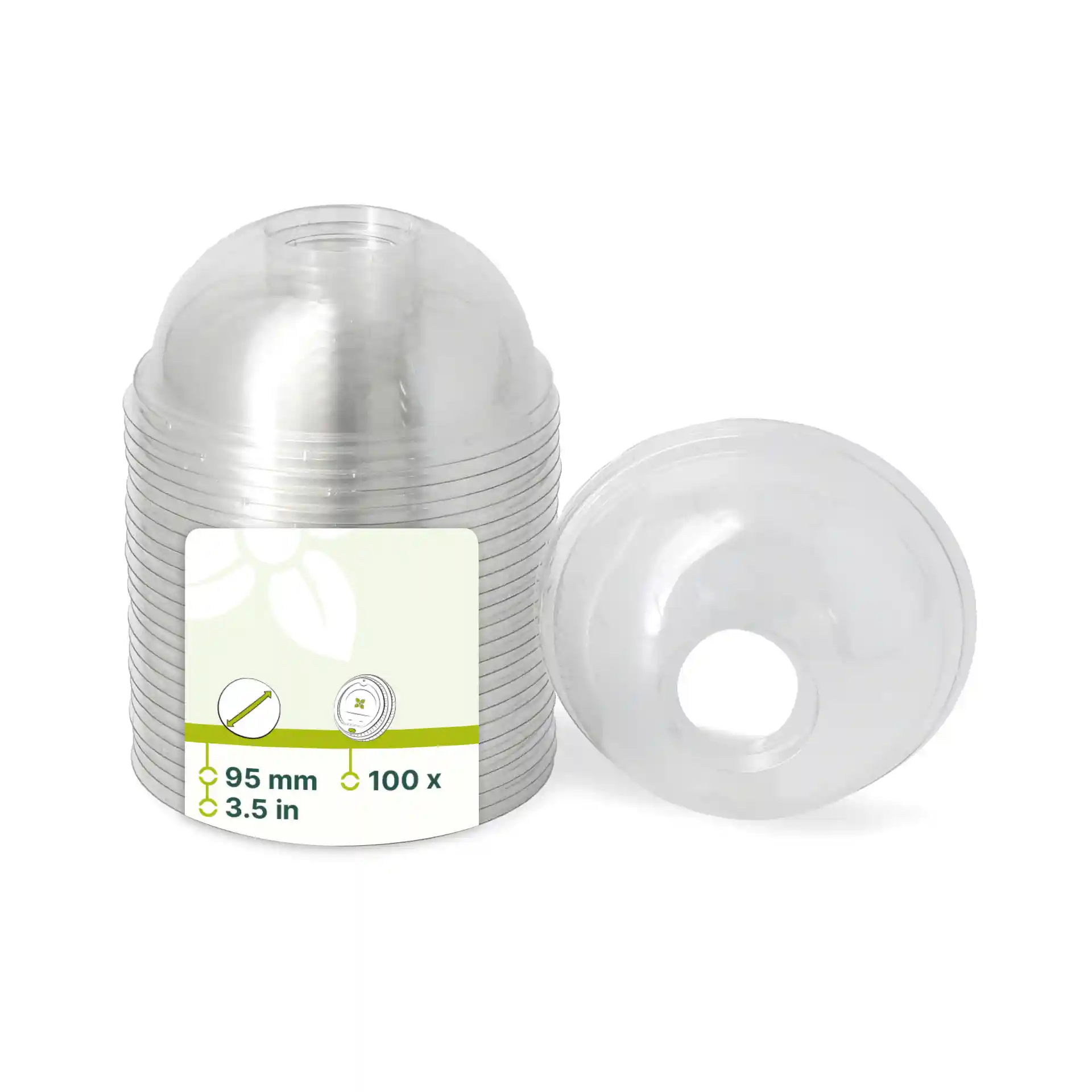 Transparante rPET-dome deksels met een rietjesopening, 95 mm diameter, gestapeld met één deksel ernaast.